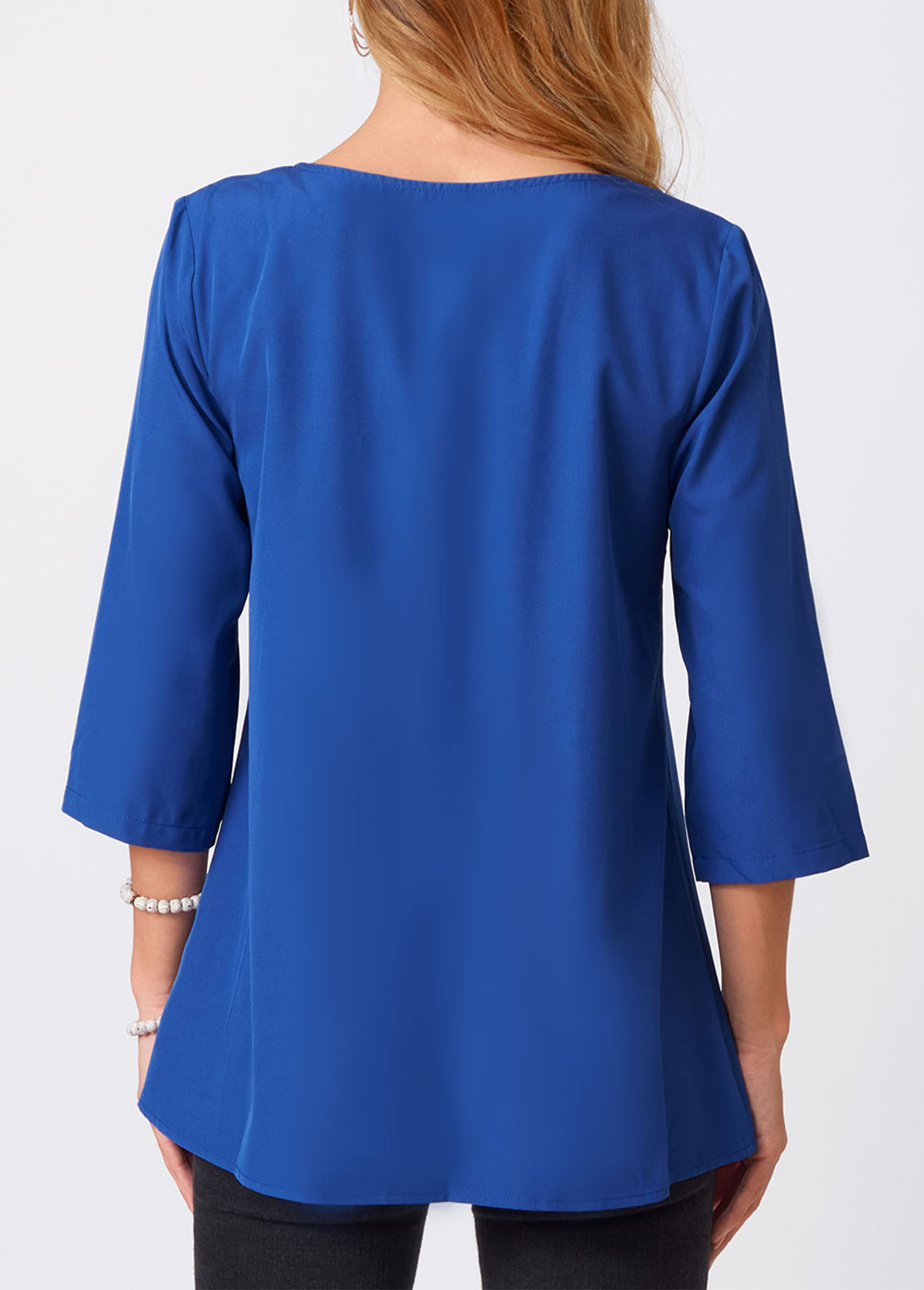 Blue tops,Plain Color tops,ROTITA Lace Stitching Crinkle Chest Solid Round Neck Blouse
