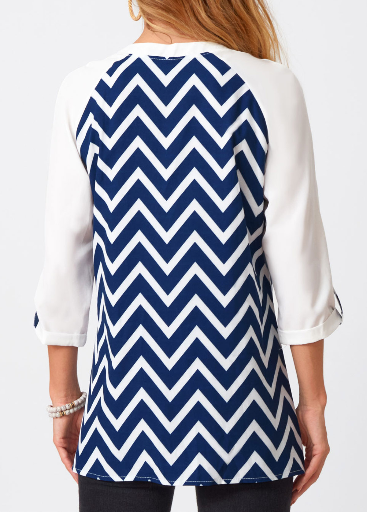 Multi Color tops,Chevron tops,ROTITA Chevron Print Split Neck Three Quarters Sleeve Blouse