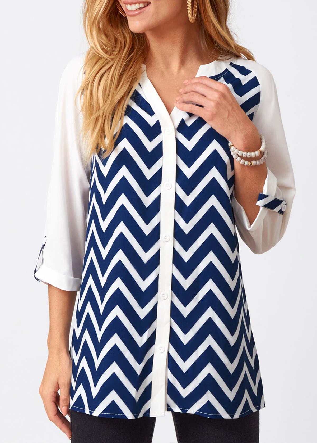 Multi Color tops,Chevron tops,ROTITA Chevron Print Split Neck Three Quarters Sleeve Blouse
