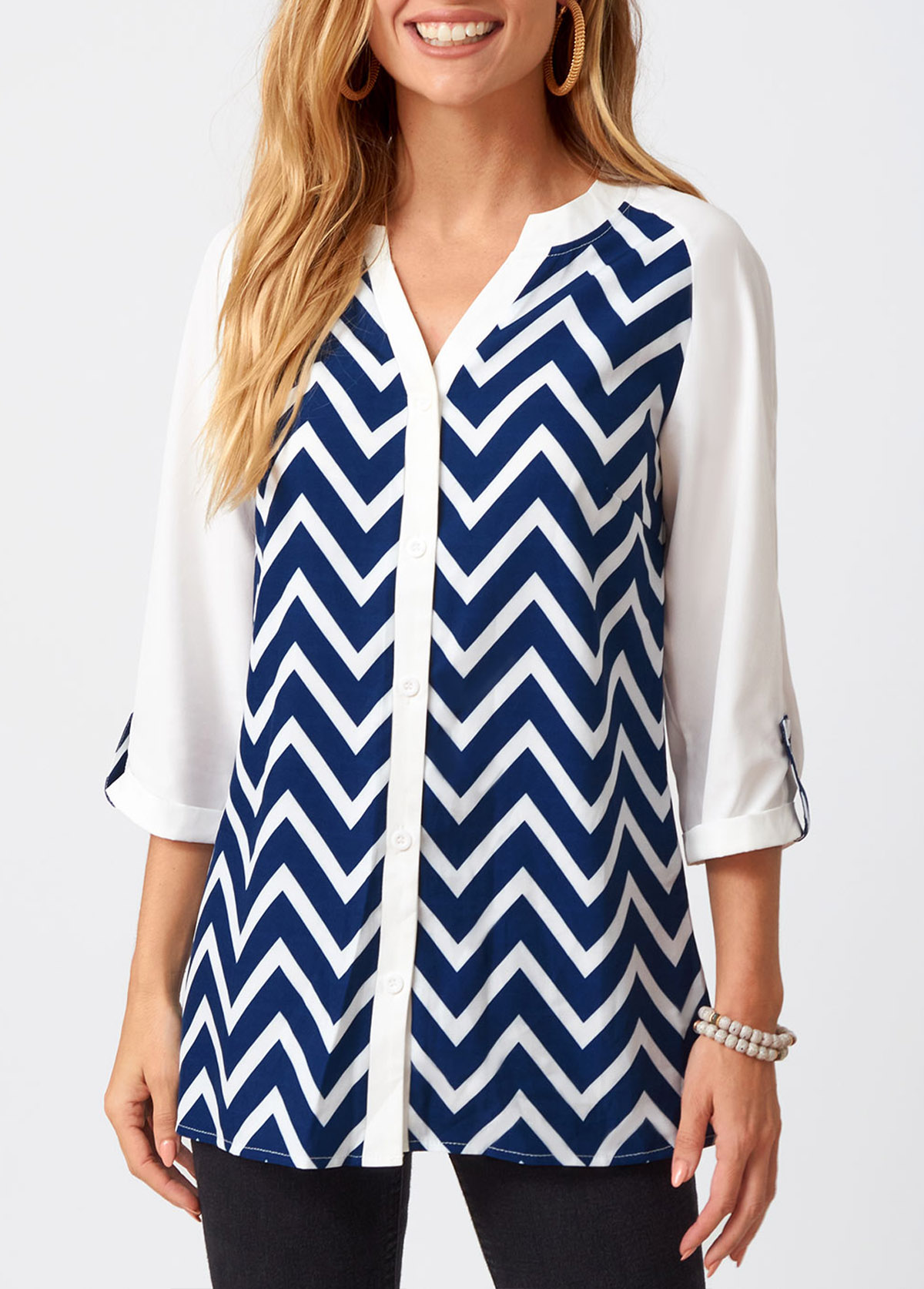 Multi Color tops,Chevron tops,ROTITA Chevron Print Split Neck Three Quarters Sleeve Blouse