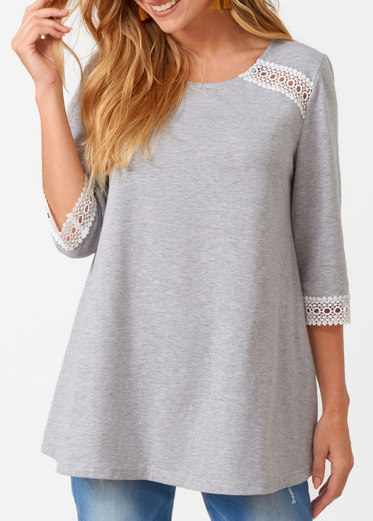 Grey tops,Contrast Color tops,ROTITA Lace Patchwork Round Neck Three Quarters Sleeve T Shirt
