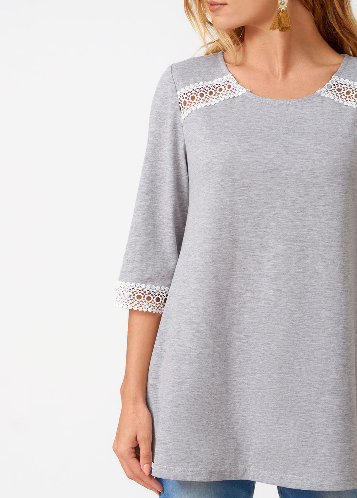 Grey tops,Contrast Color tops,ROTITA Lace Patchwork Round Neck Three Quarters Sleeve T Shirt