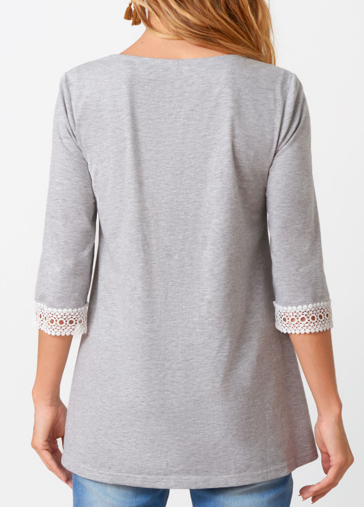 Grey tops,Contrast Color tops,ROTITA Lace Patchwork Round Neck Three Quarters Sleeve T Shirt