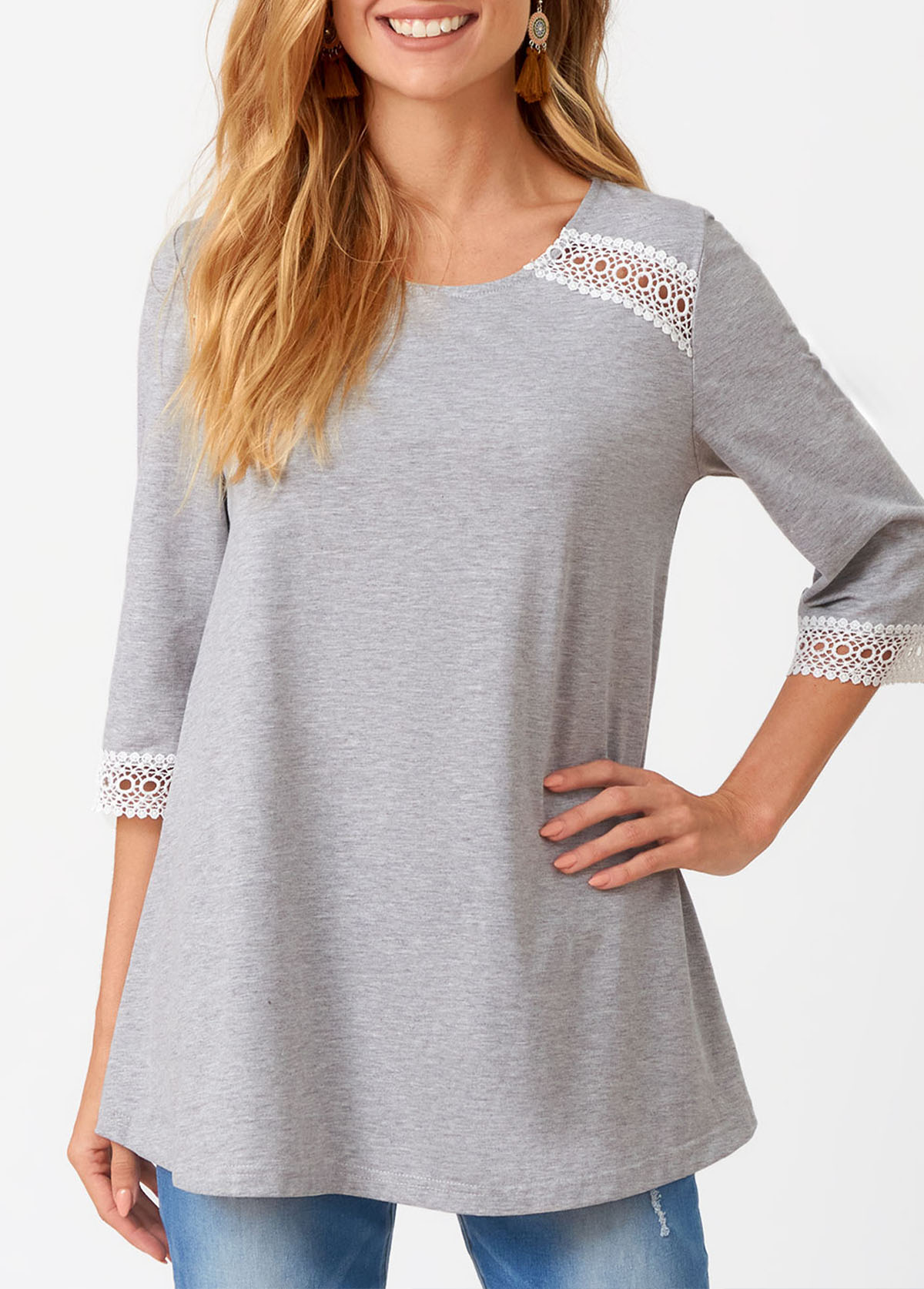 Grey tops,Contrast Color tops,ROTITA Lace Patchwork Round Neck Three Quarters Sleeve T Shirt