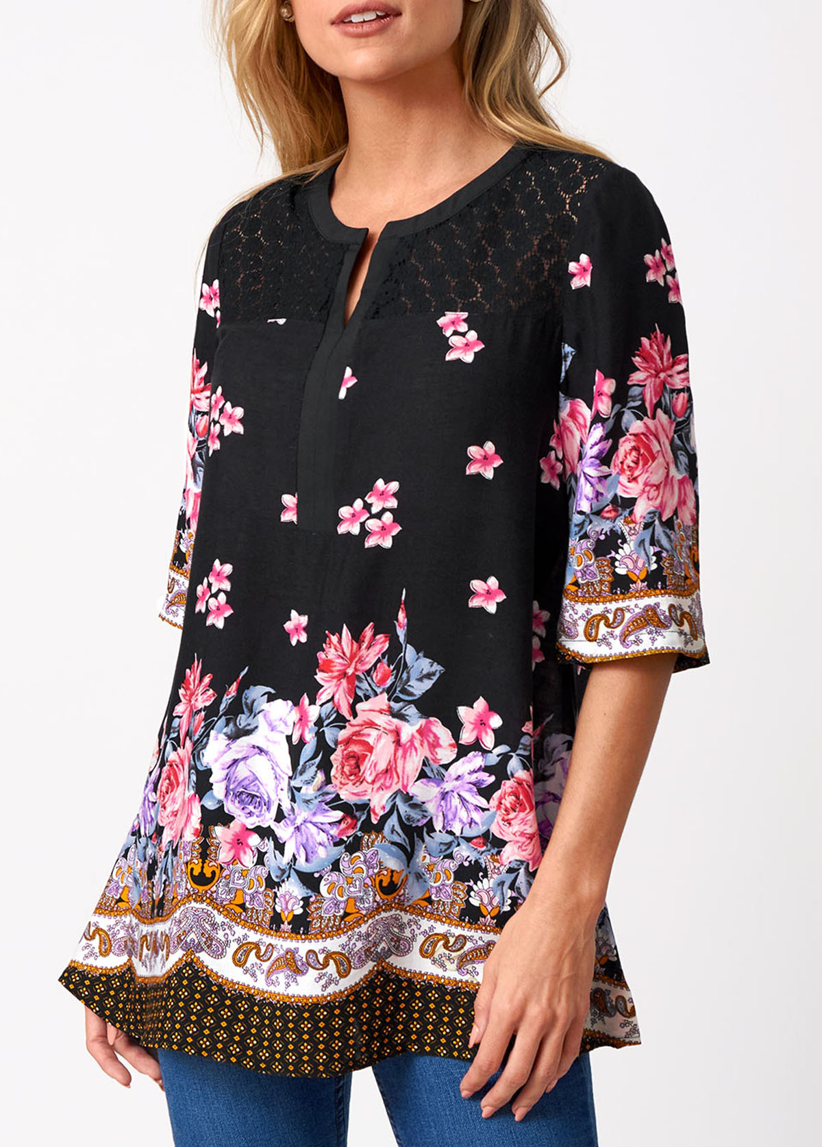 Black tops,Floral tops,ROTITA Floral Print Split Neck Lace Stitching Blouse