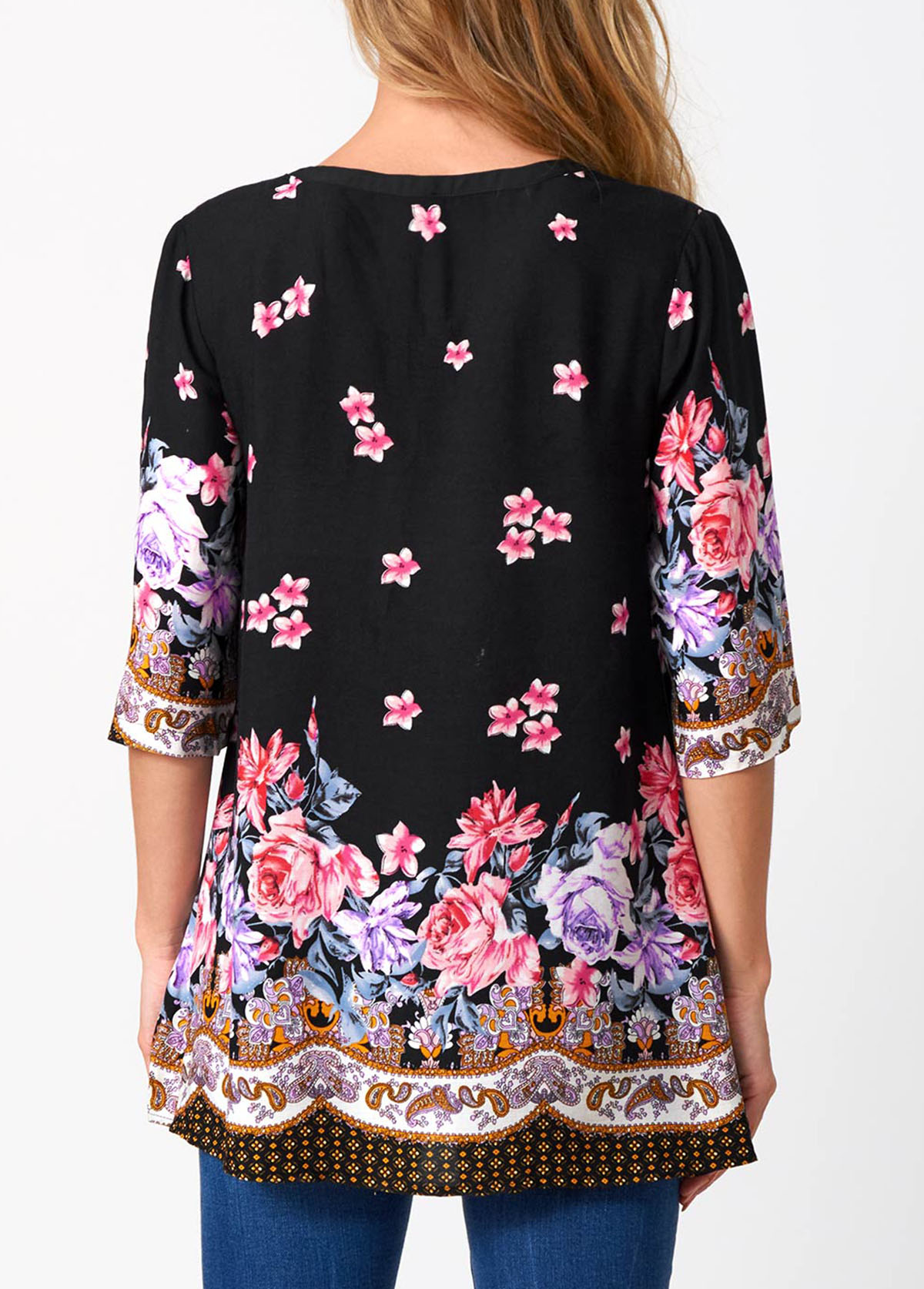 Black tops,Floral tops,ROTITA Floral Print Split Neck Lace Stitching Blouse