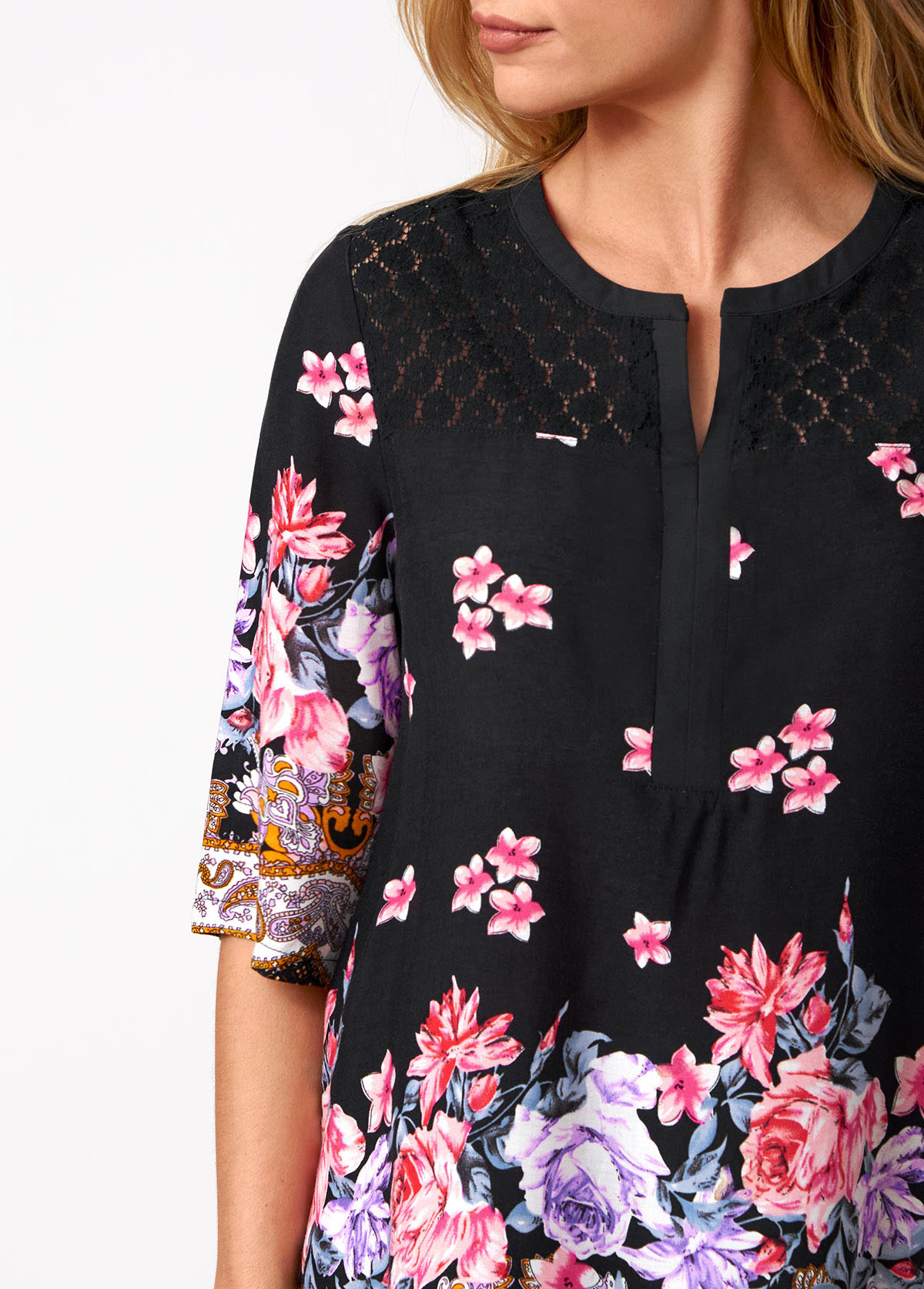 Black tops,Floral tops,ROTITA Floral Print Split Neck Lace Stitching Blouse