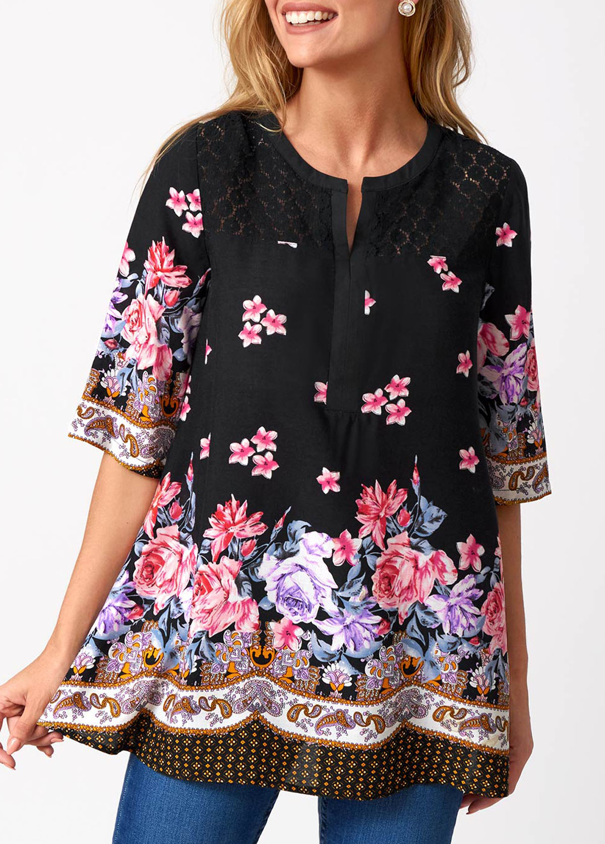 Black tops,Floral tops,ROTITA Floral Print Split Neck Lace Stitching Blouse