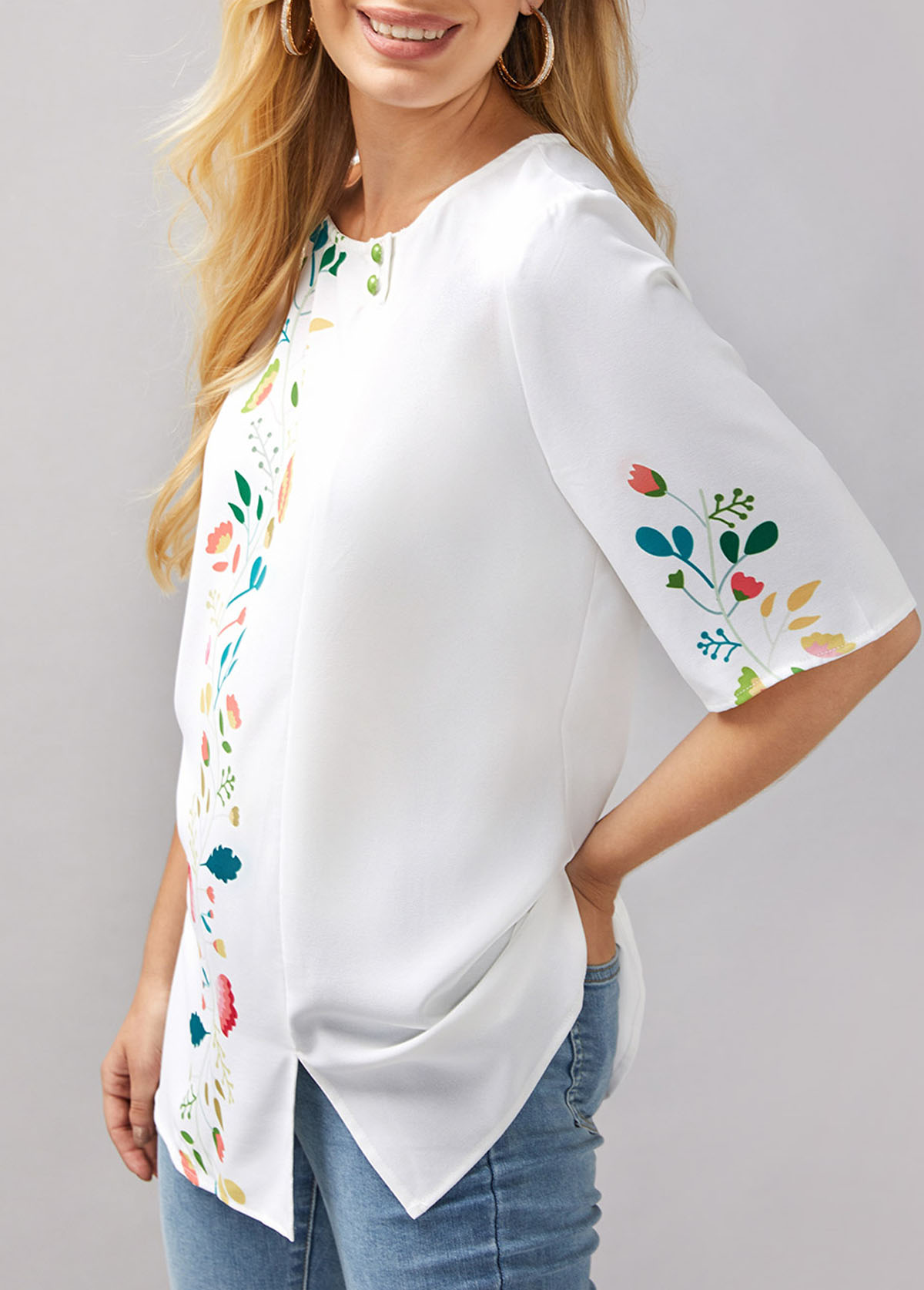 White tops,Floral tops,ROTITA Decorative Button Floral Print Round Neck Blouse