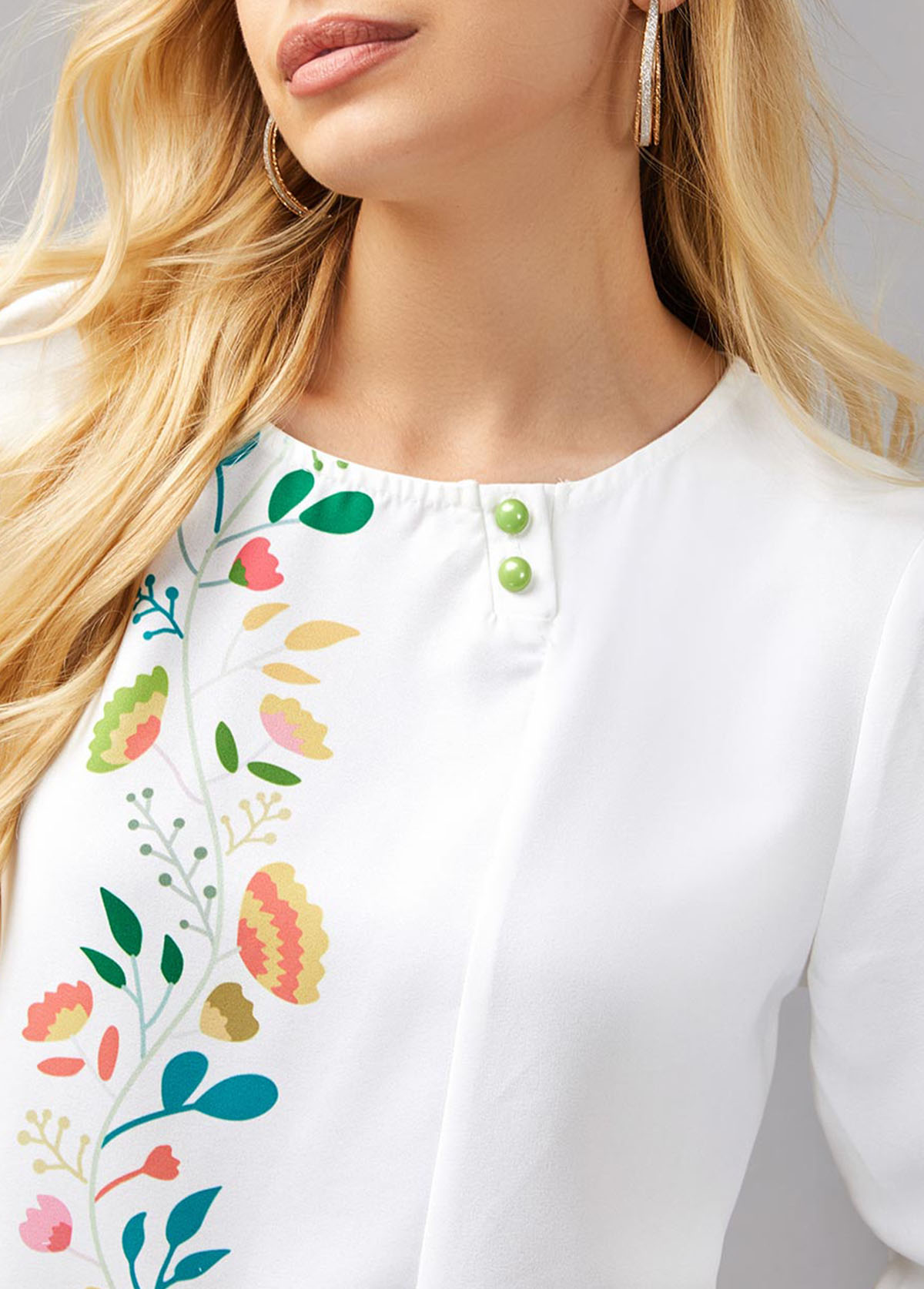 White tops,Floral tops,ROTITA Decorative Button Floral Print Round Neck Blouse