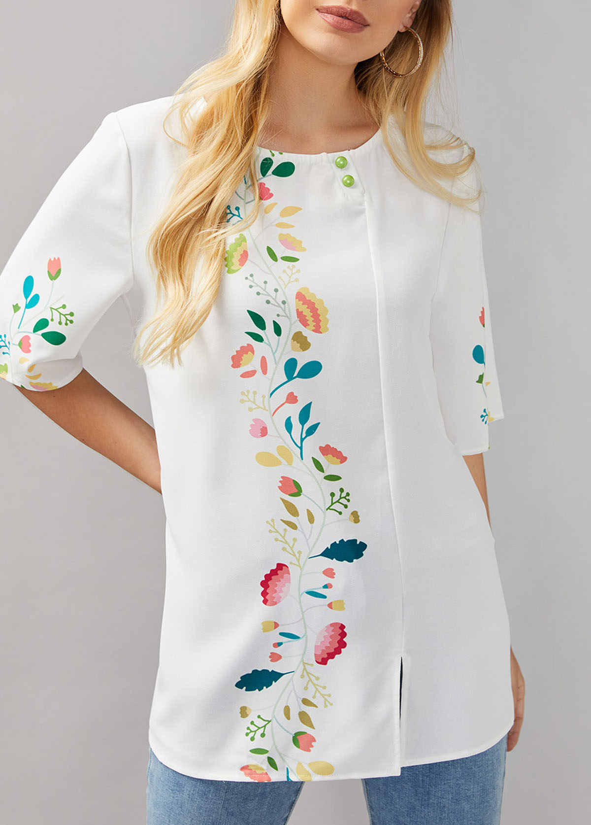 White tops,Floral tops,ROTITA Decorative Button Floral Print Round Neck Blouse