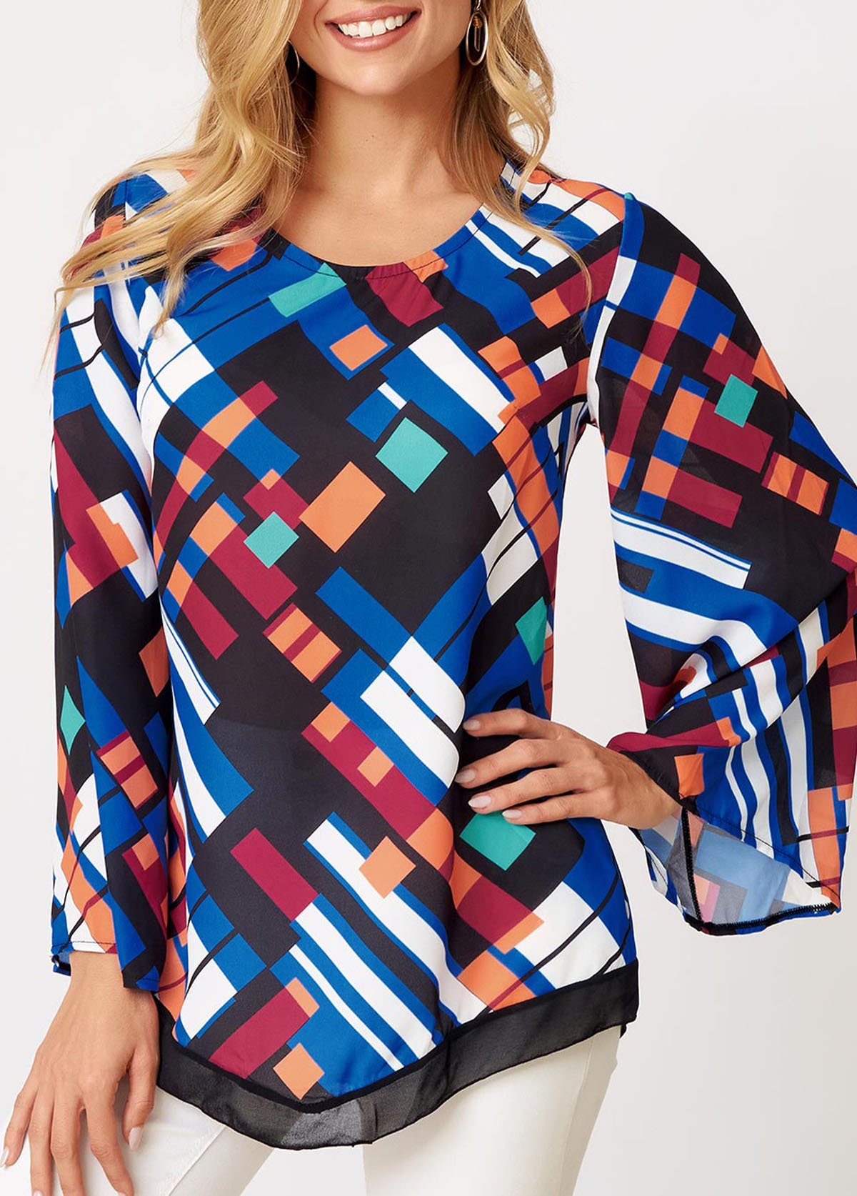 Rotita-Langarm-T-Shirt mit geometrischem Aufdruck und Rundhalsausschnitt