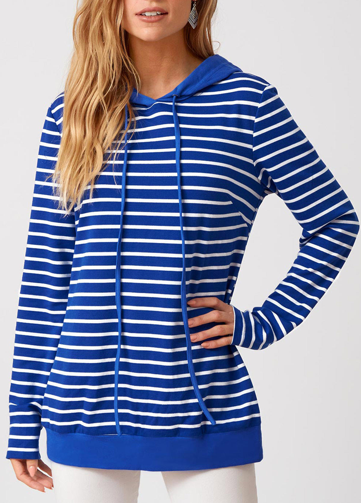 ROTITA Striped Drawstring Detail Long Sleeve Hoodie