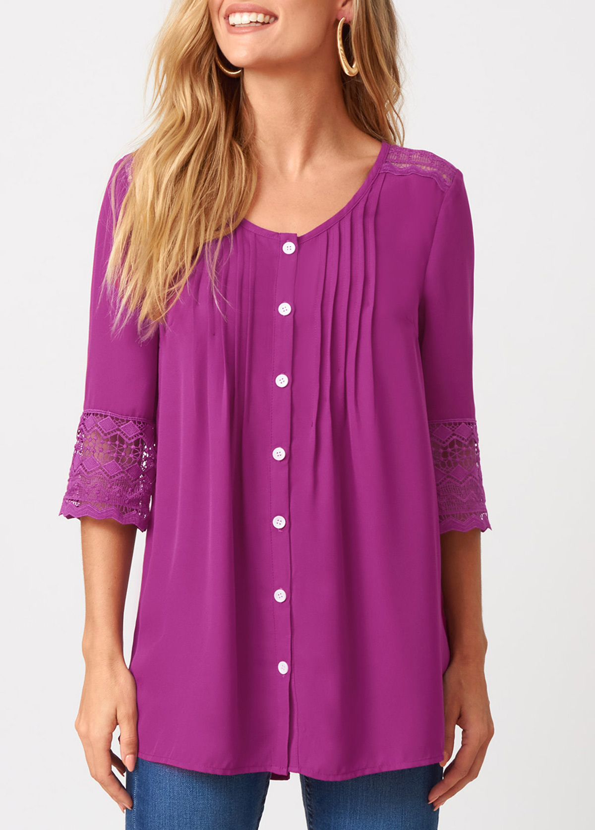 Purple tops,Plain Color tops,ROTITA Solid Crinkle Chest Lace Patchwork Blouse