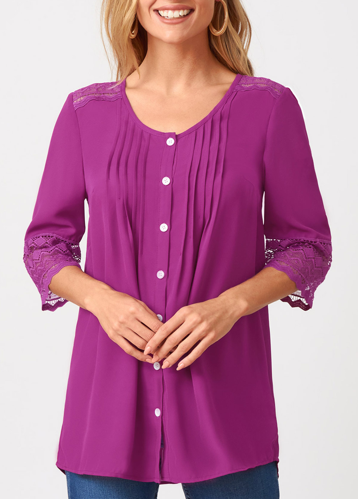 Purple tops,Plain Color tops,ROTITA Solid Crinkle Chest Lace Patchwork Blouse