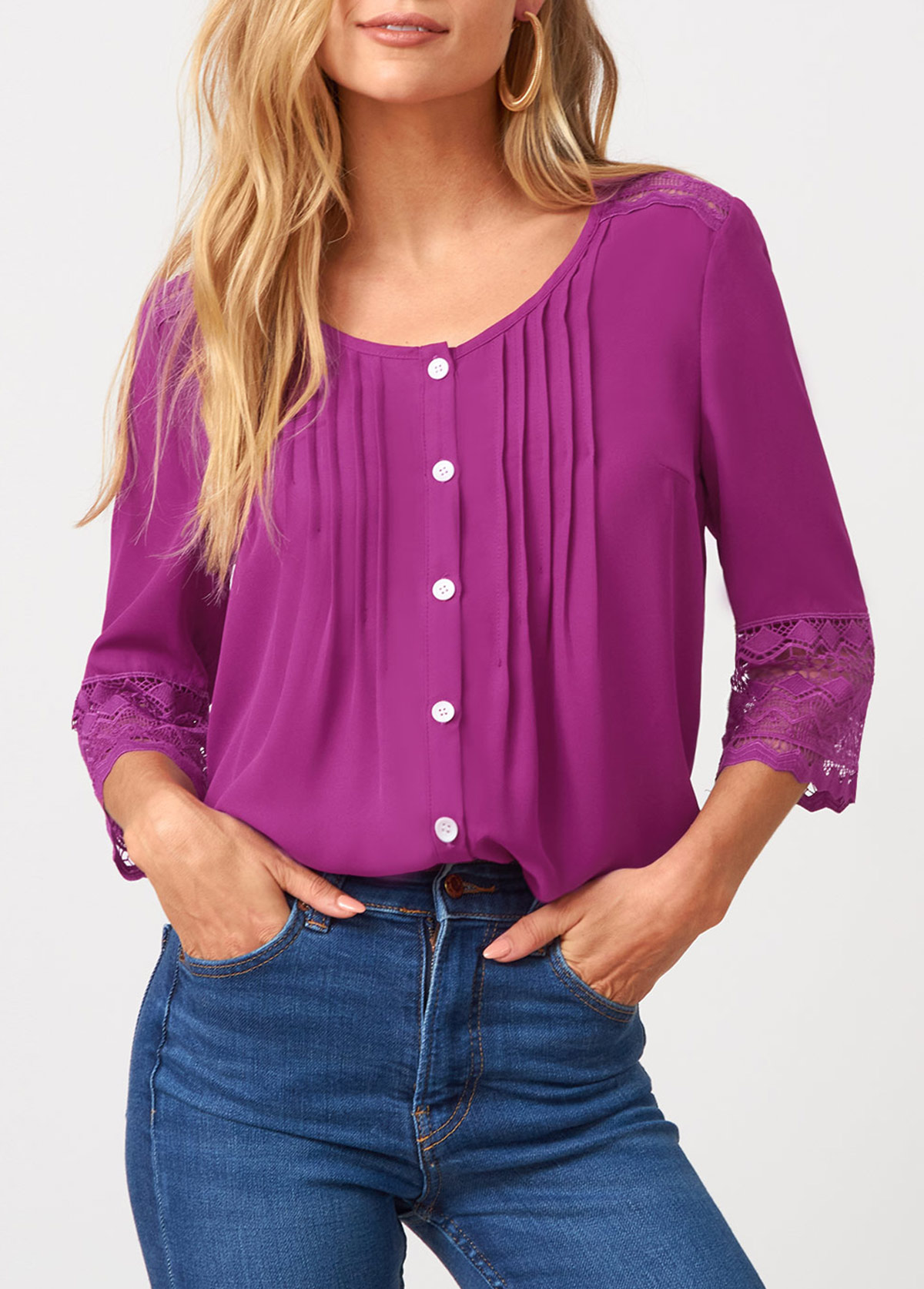 Purple tops,Plain Color tops,ROTITA Solid Crinkle Chest Lace Patchwork Blouse