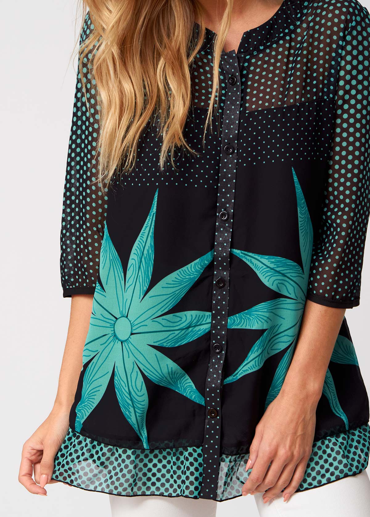Black tops,Dot tops,ROTITA Button Up Polka Dot 3/4 Sleeve Blouse