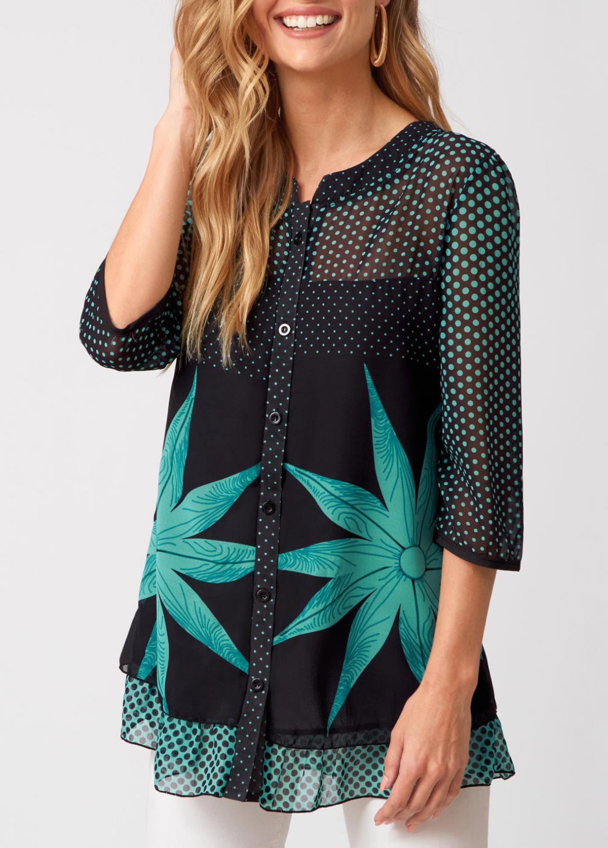 Black tops,Dot tops,ROTITA Button Up Polka Dot 3/4 Sleeve Blouse