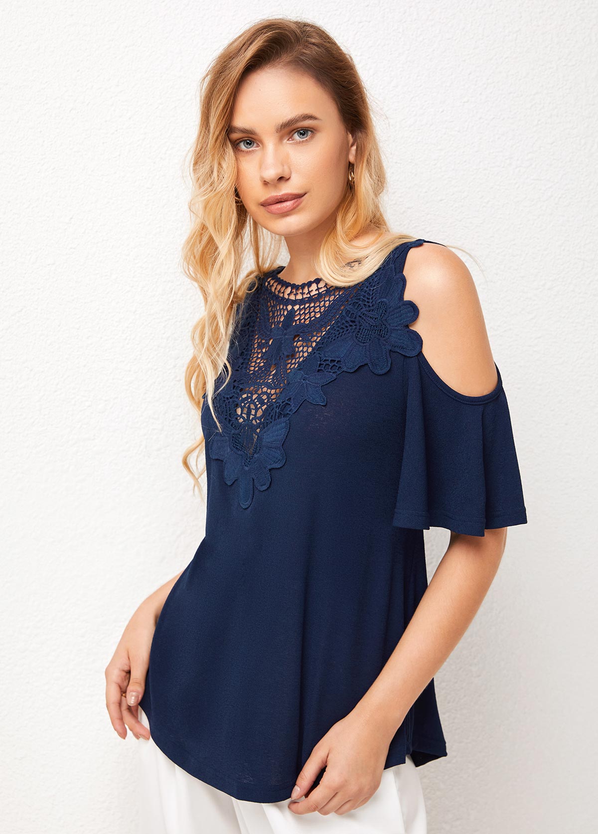 Navy tops,Plain Color tops,ROTITA Cold Shoulder Lace Stitching Cross Strap T Shirt