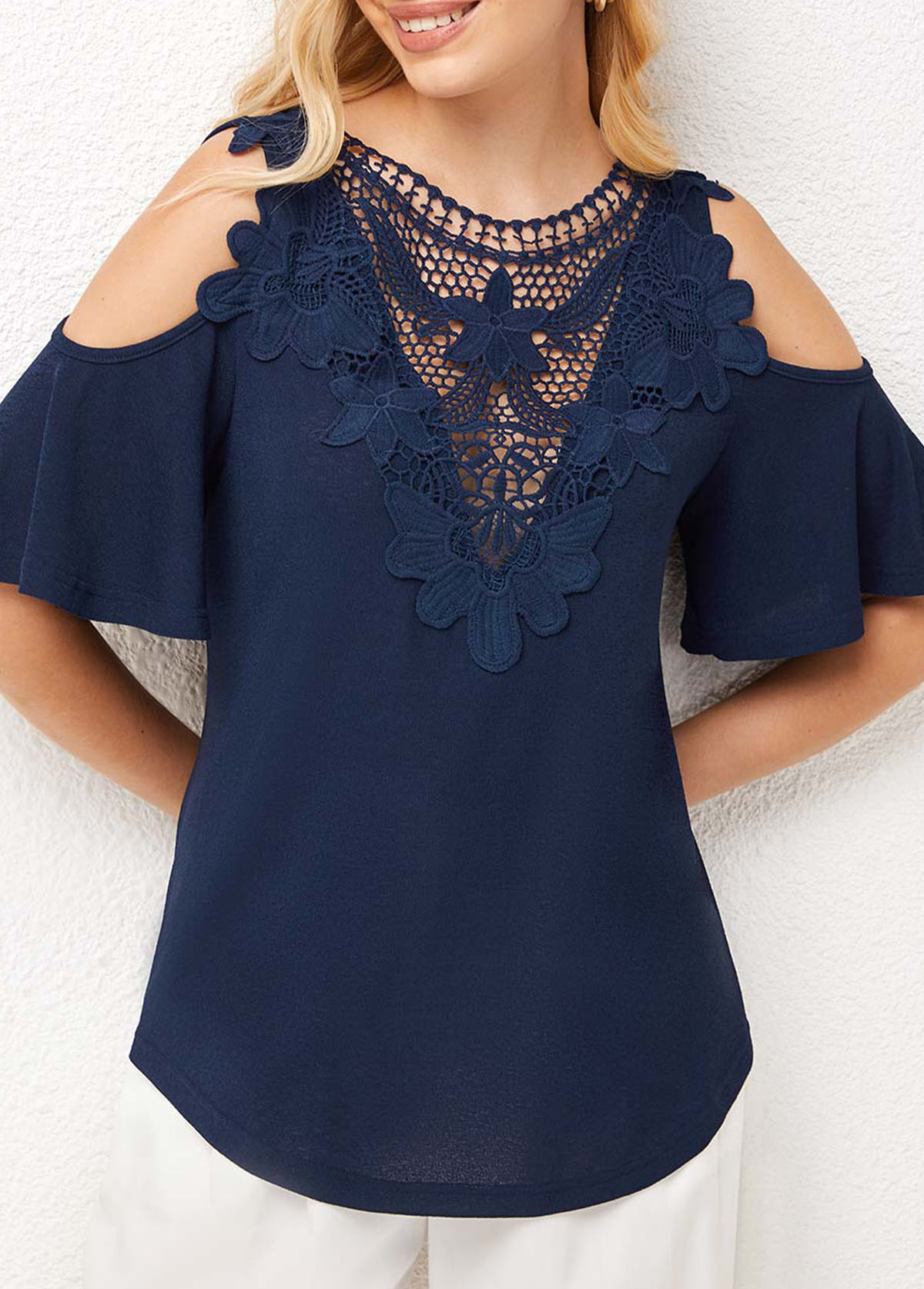 Navy tops,Plain Color tops,ROTITA Cold Shoulder Lace Stitching Cross Strap T Shirt