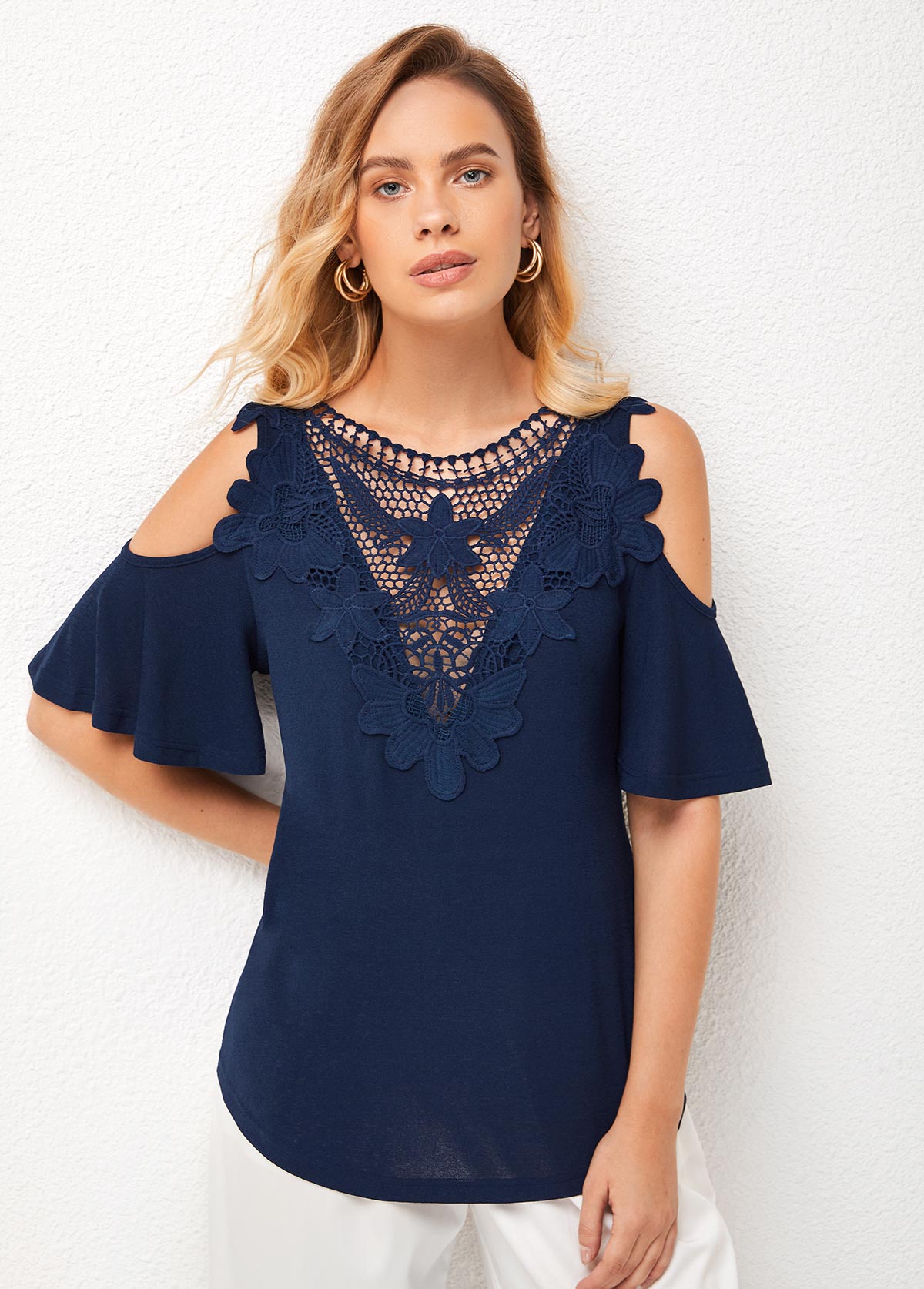 Navy tops,Plain Color tops,ROTITA Cold Shoulder Lace Stitching Cross Strap T Shirt