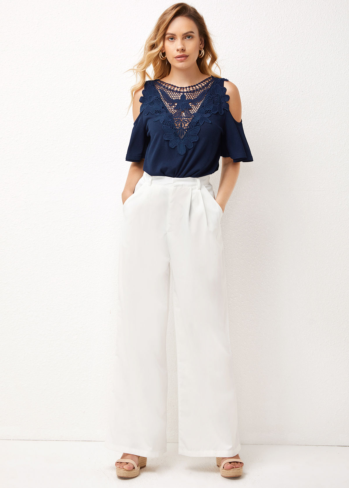 Navy tops,Plain Color tops,ROTITA Cold Shoulder Lace Stitching Cross Strap T Shirt