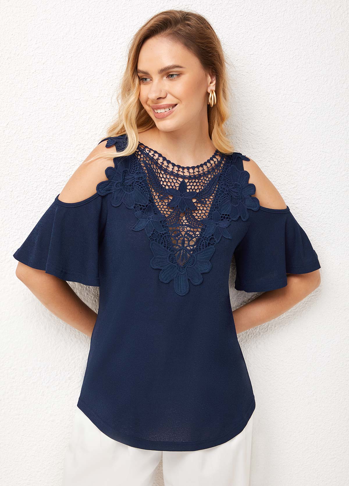 Navy tops,Plain Color tops,ROTITA Cold Shoulder Lace Stitching Cross Strap T Shirt