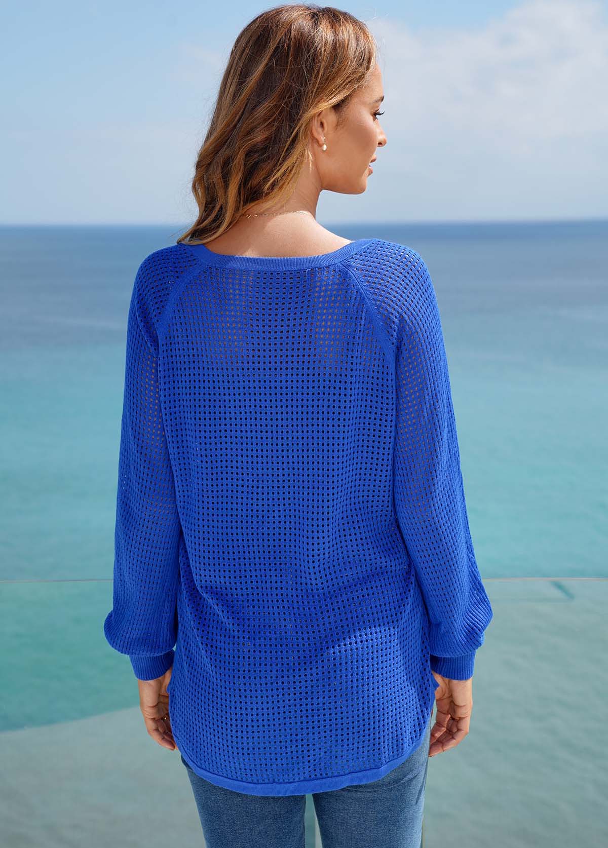 Navy tops,Plain Color tops,ROTITA Long Sleeve Button Detail Solid Sweater