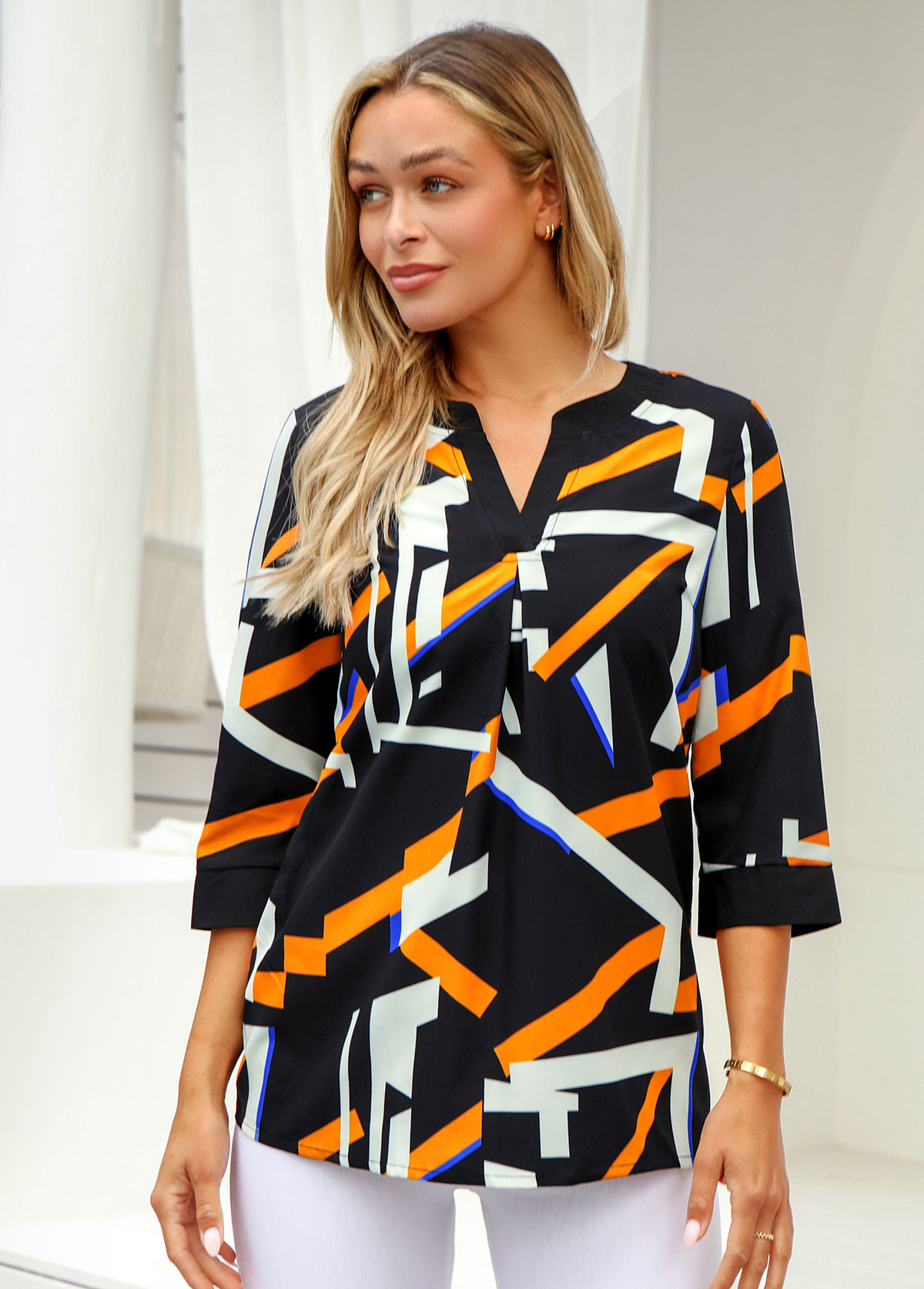 Multi Color tops,Geometric tops,ROTITA Geometric Print 3/4 Sleeve Split Neck Blouse