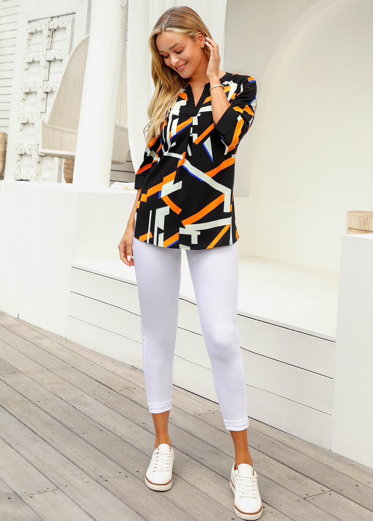 Multi Color tops,Geometric tops,ROTITA Geometric Print 3/4 Sleeve Split Neck Blouse
