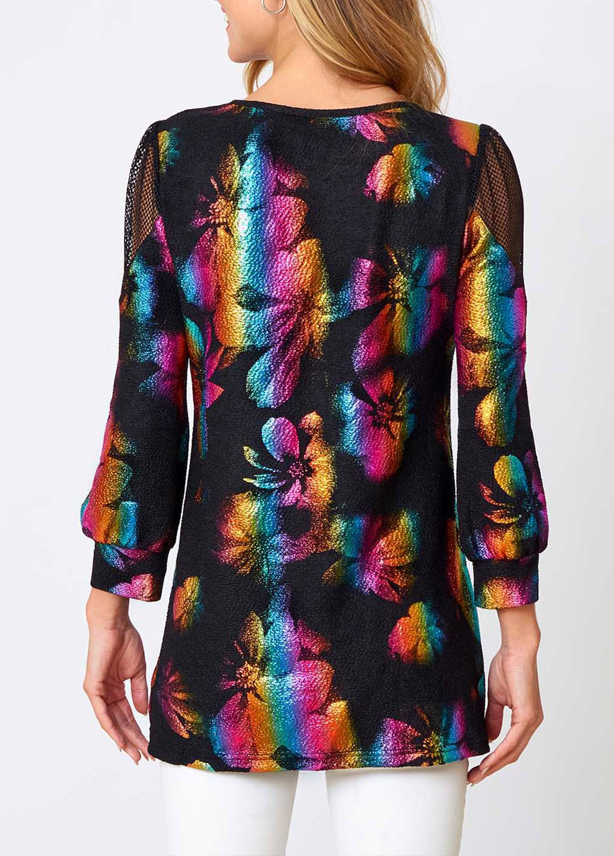 Multi Color tops,Floral tops,ROTITA Colorful Fishnet Panel Round Neck Sweatshirt