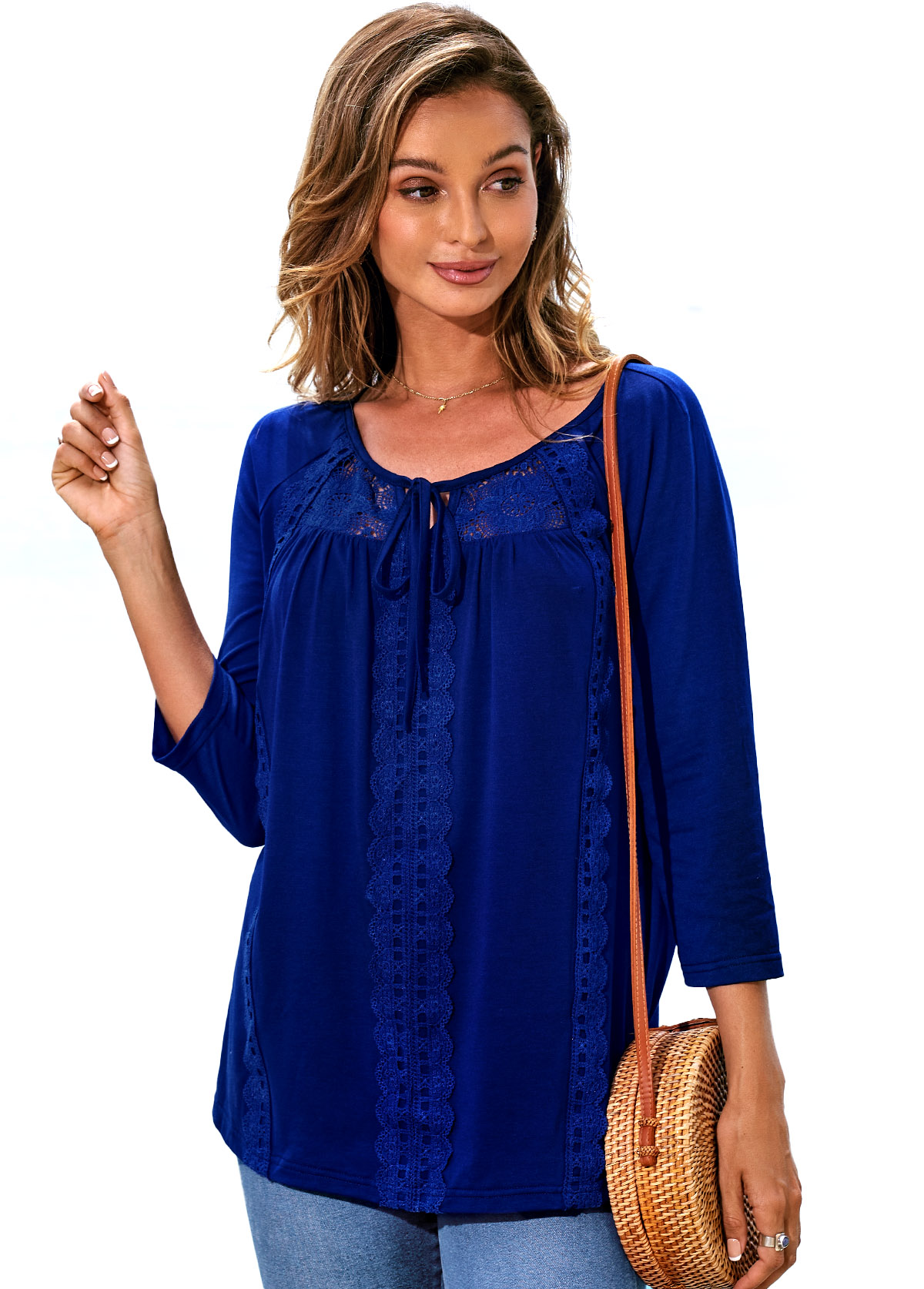 Navy tops,Plain Color tops,ROTITA Tie Front Lace Stitching 3/4 Sleeve T Shirt