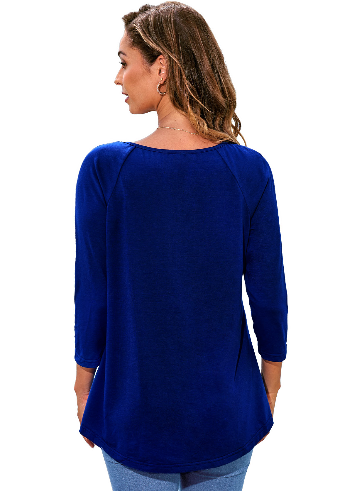Navy tops,Plain Color tops,ROTITA Tie Front Lace Stitching 3/4 Sleeve T Shirt