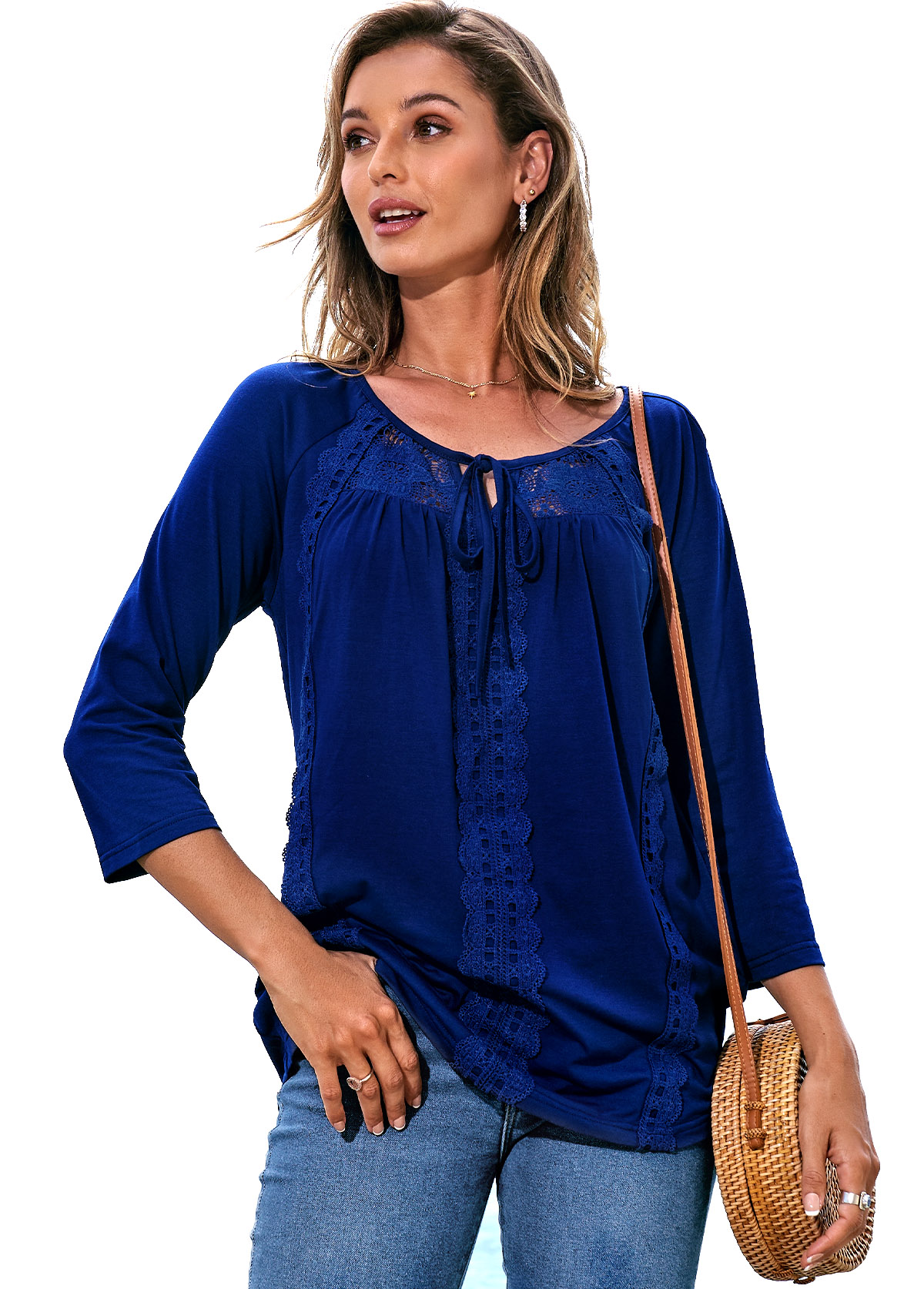 Navy tops,Plain Color tops,ROTITA Tie Front Lace Stitching 3/4 Sleeve T Shirt