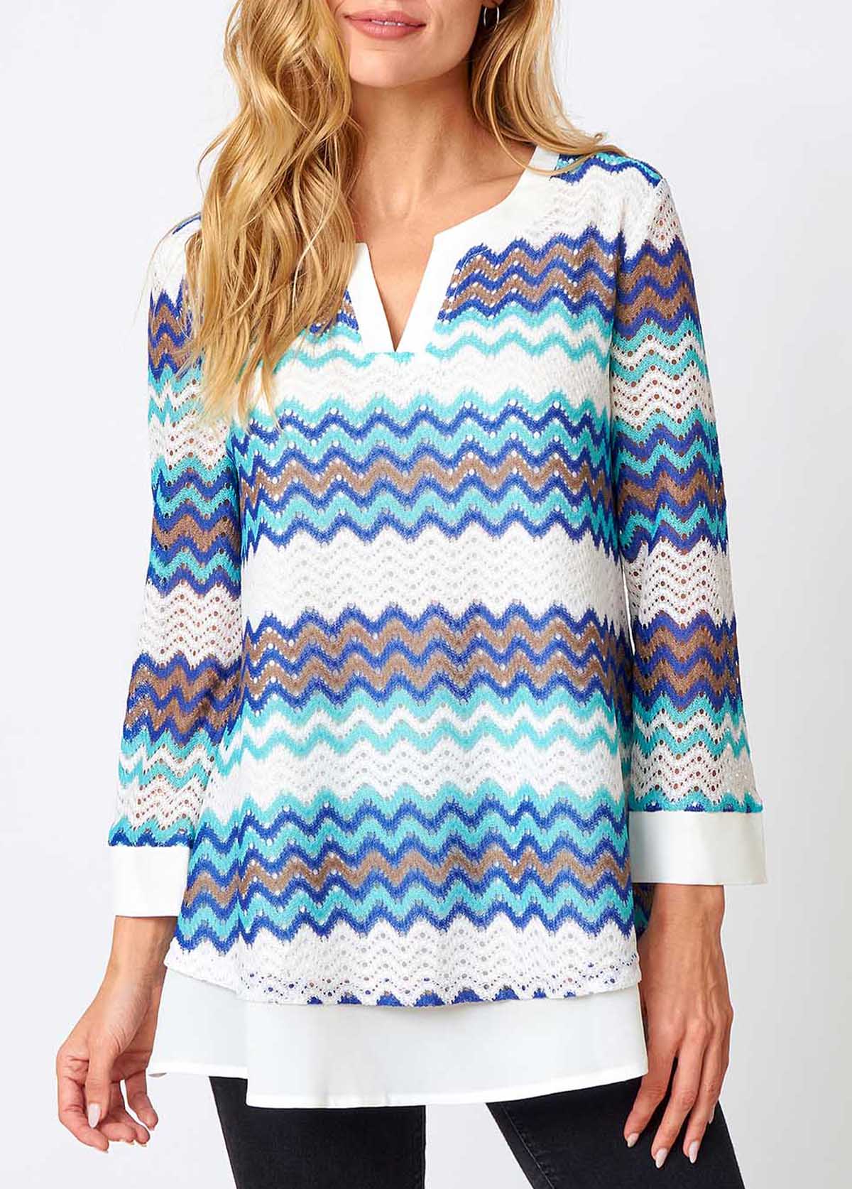 ROTITA Split Neck Chevron Print Layered Hem Blouse