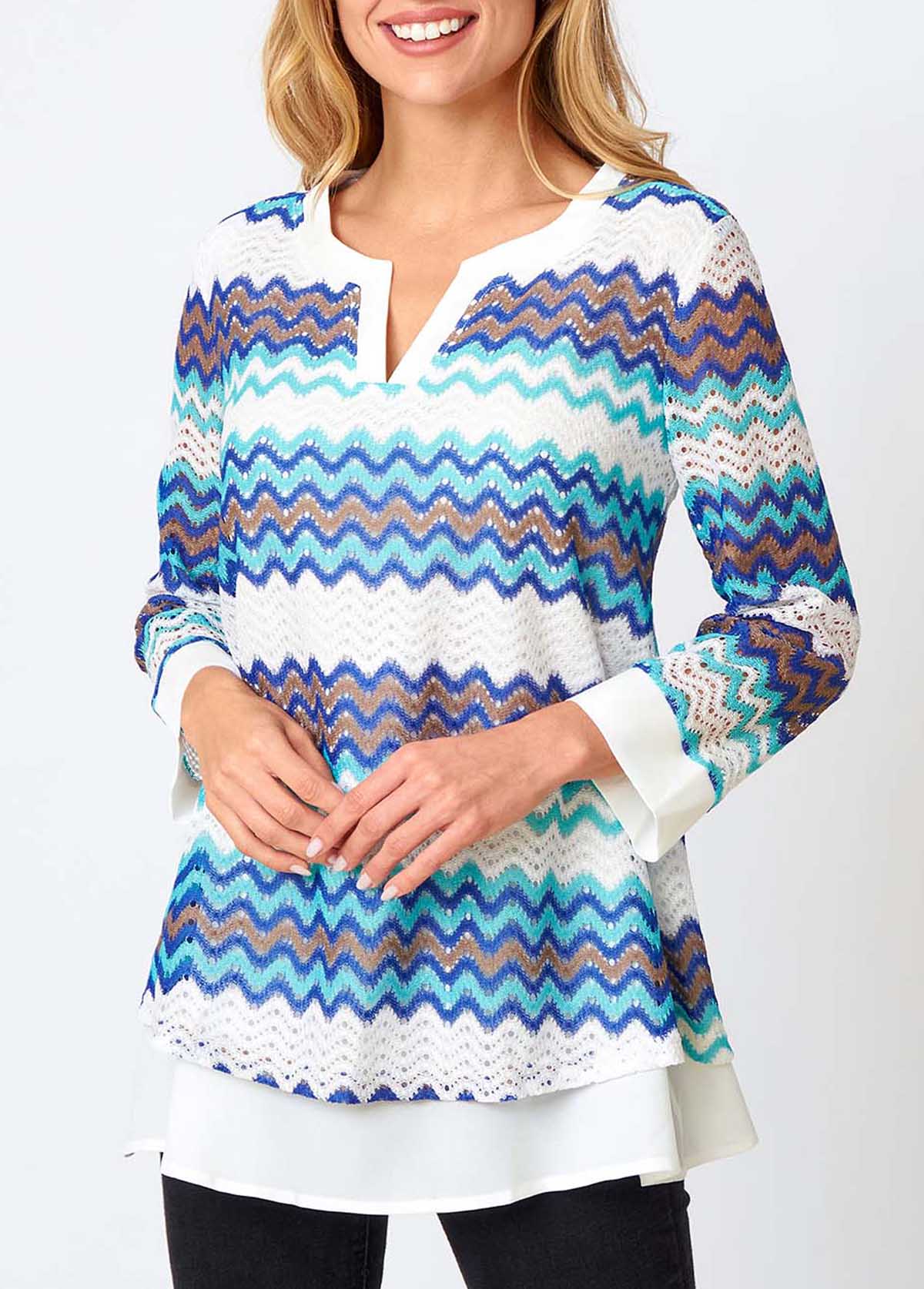 Multi Color tops,Chevron tops,ROTITA Split Neck Chevron Print Layered Hem Blouse