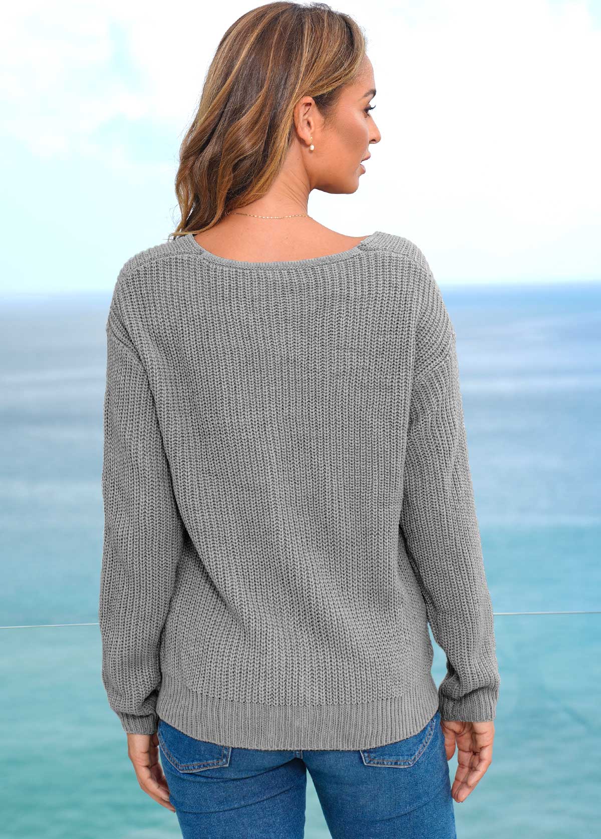 Grey tops,Plain Color tops,ROTITA V Neck Lace Up Long Sleeve Sweater