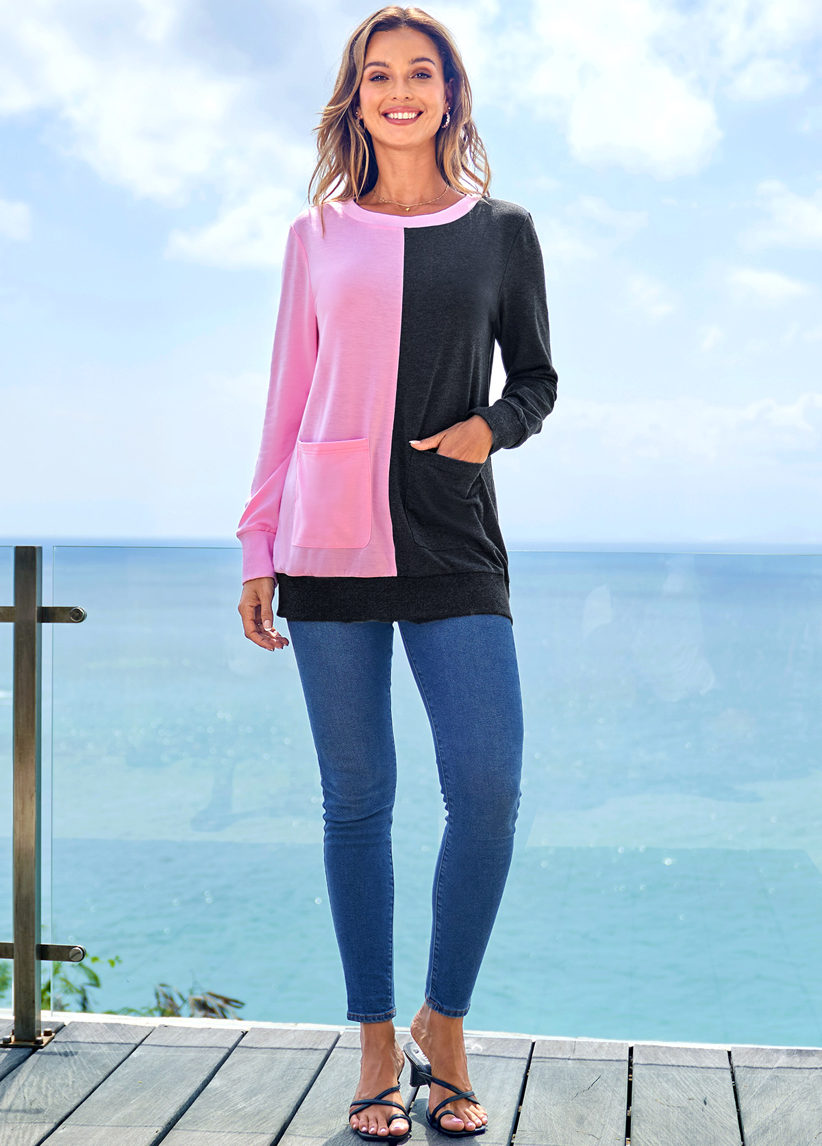 Multi Color tops,Contrast Color tops,ROTITA Pocket Contrast Round Neck Long Sleeve Sweatshirt