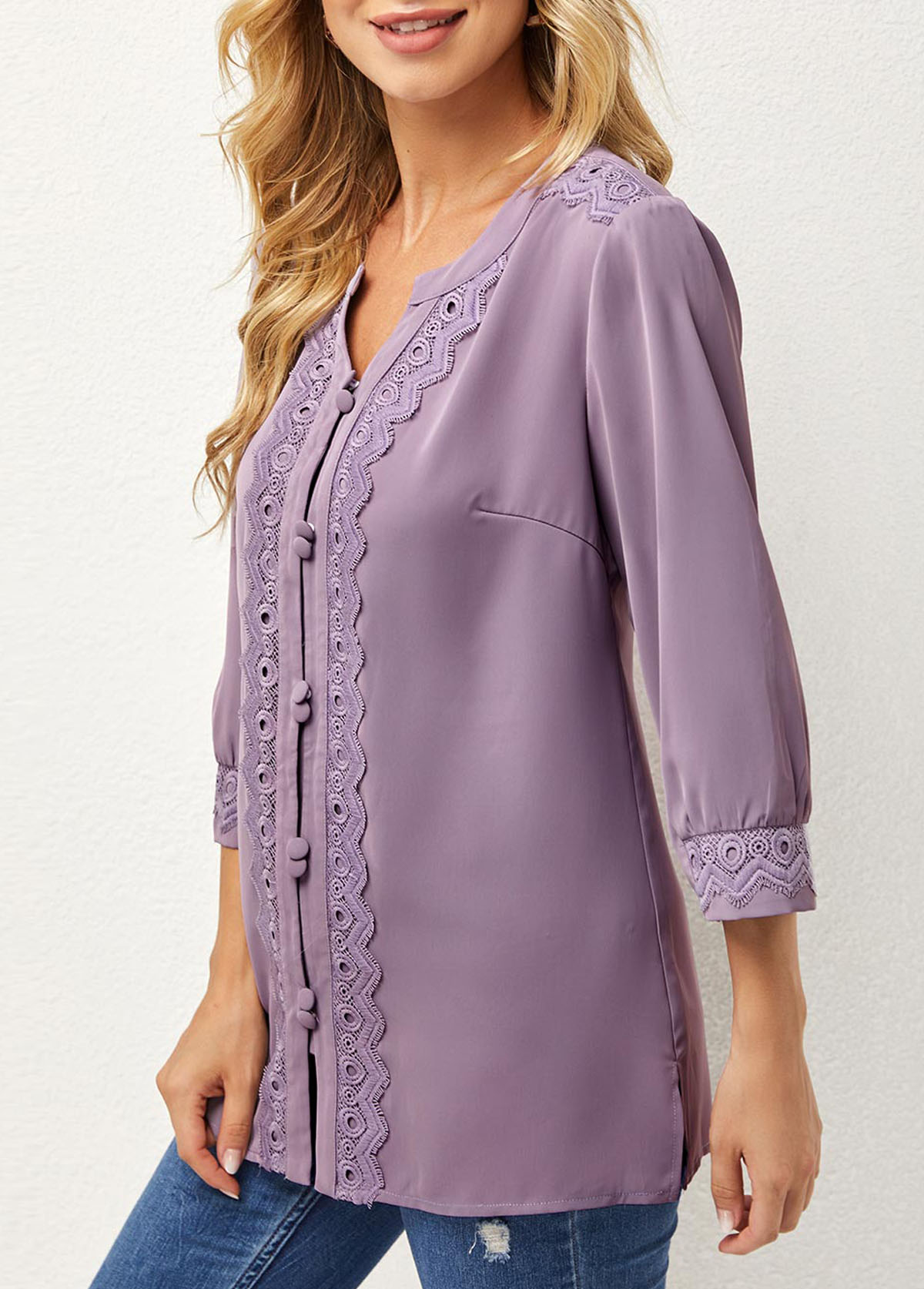 Purple tops,Plain Color tops,ROTITA Lace Stitching Split Neck 3/4 Sleeve Blouse