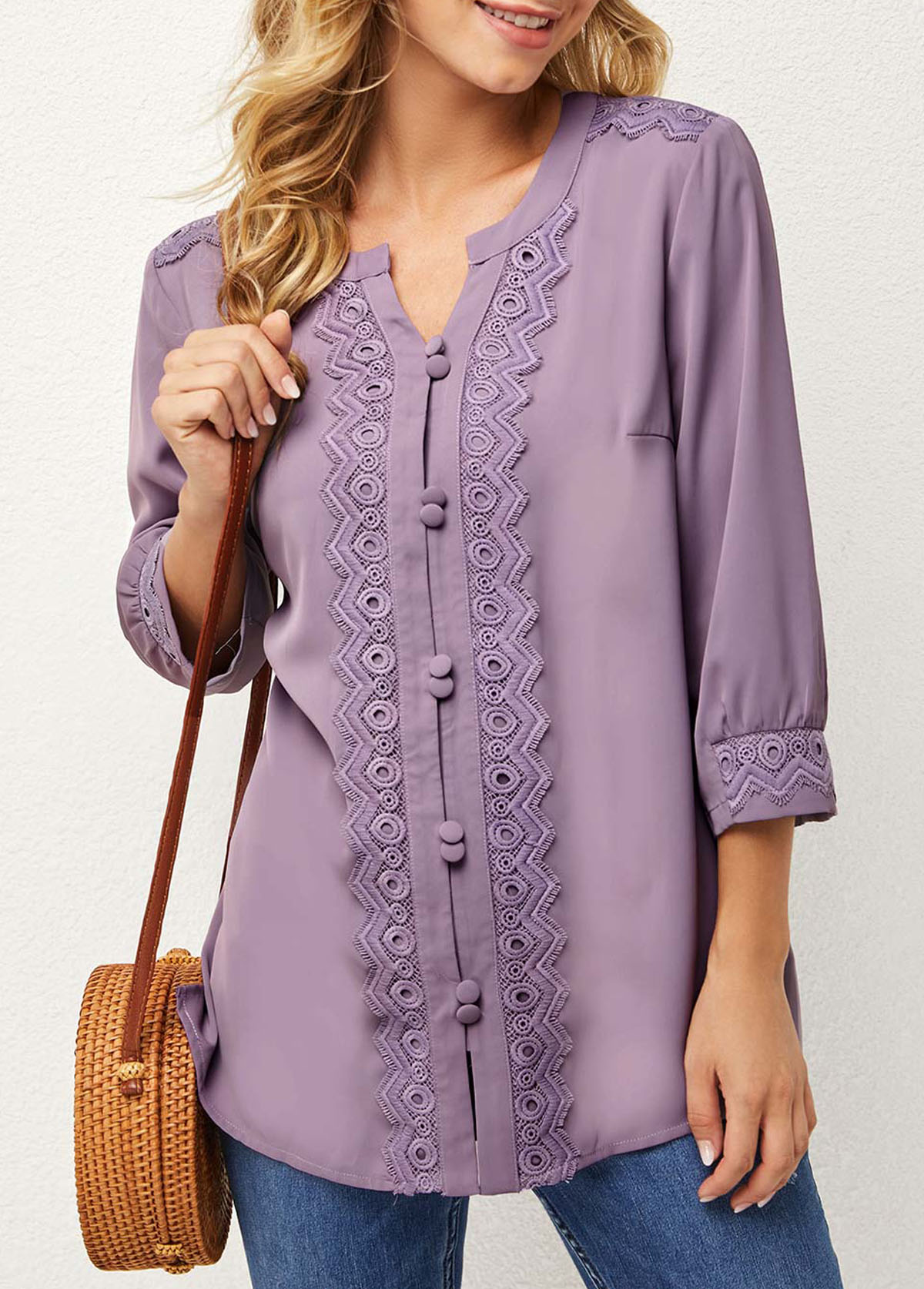 Purple tops,Plain Color tops,ROTITA Lace Stitching Split Neck 3/4 Sleeve Blouse