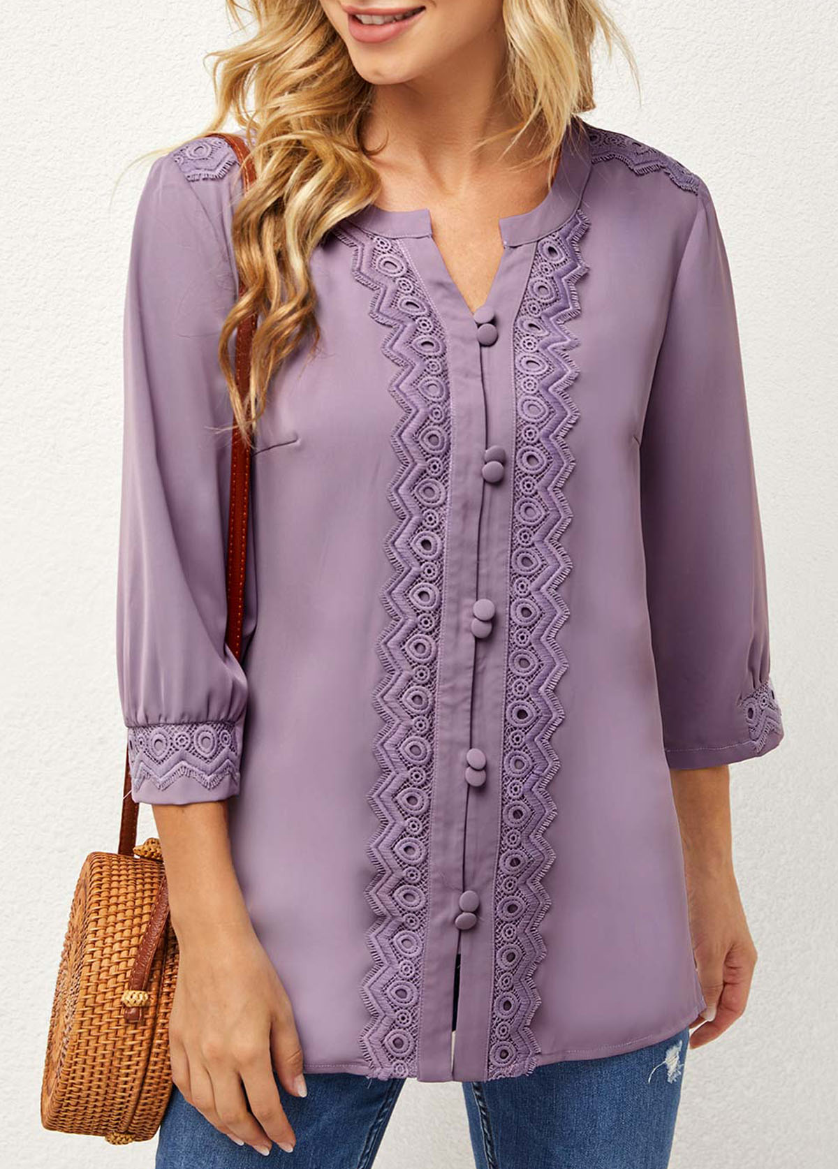 Purple tops,Plain Color tops,ROTITA Lace Stitching Split Neck 3/4 Sleeve Blouse