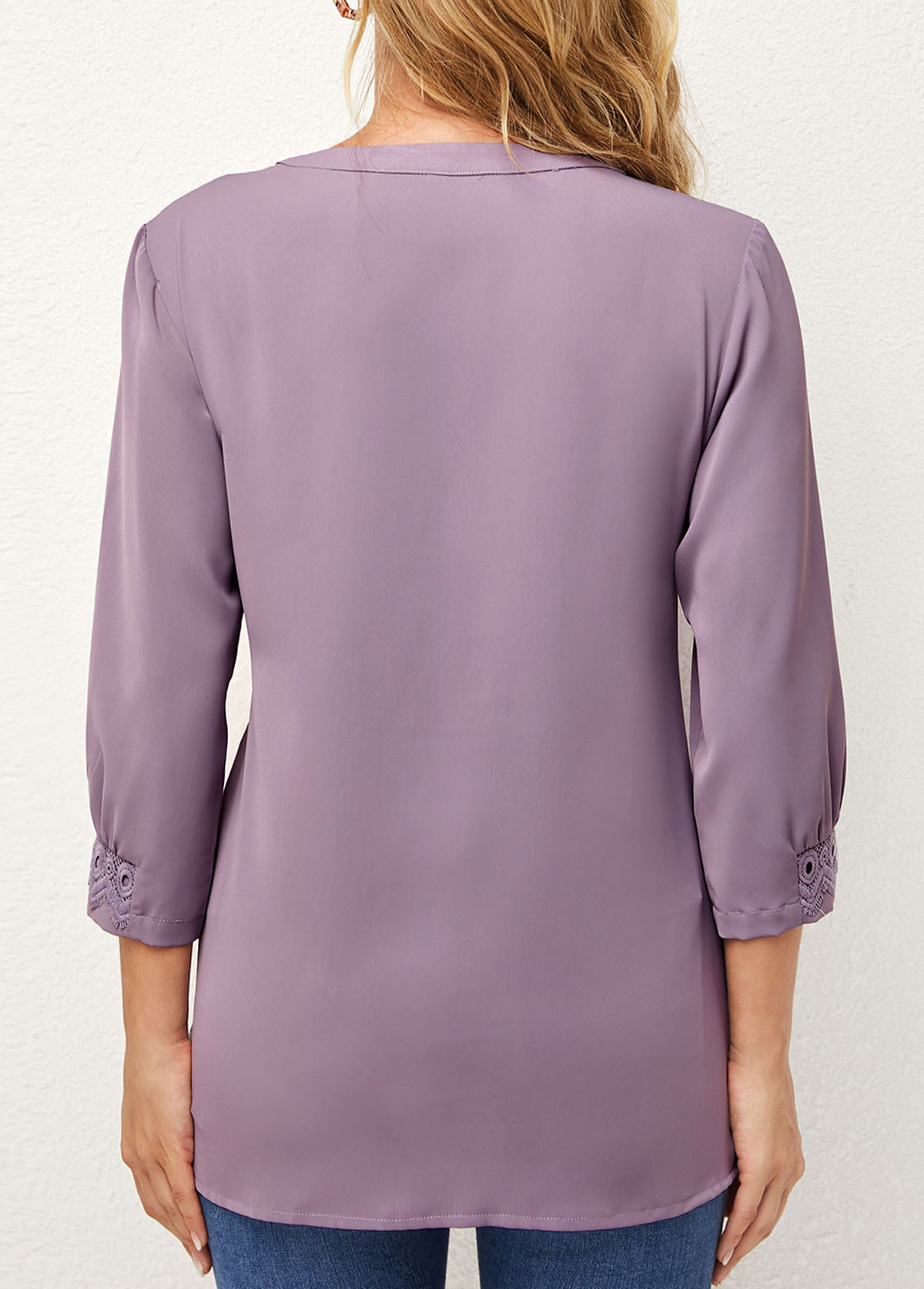 Purple tops,Plain Color tops,ROTITA Lace Stitching Split Neck 3/4 Sleeve Blouse