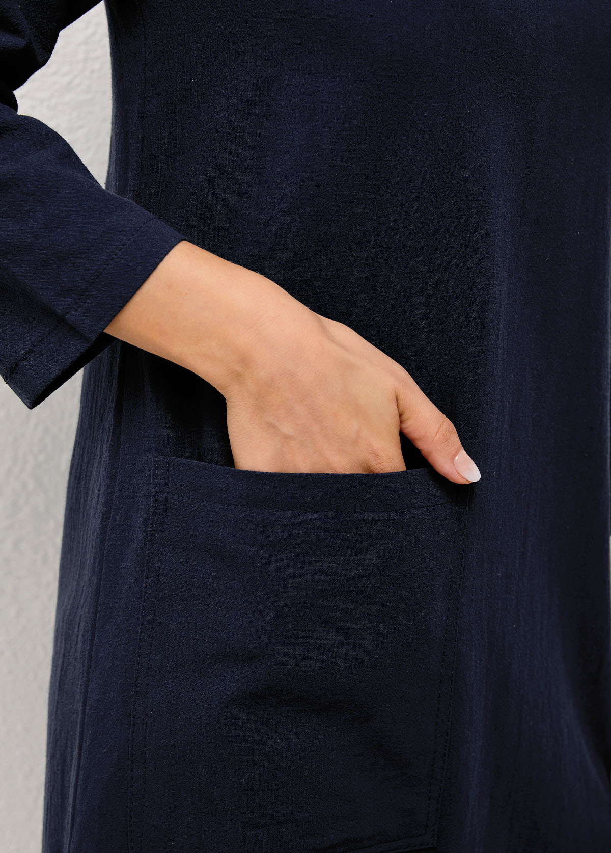 Navy dresses,Plain Color dresses,Solid Double Slit Pocket Round Neck Dress