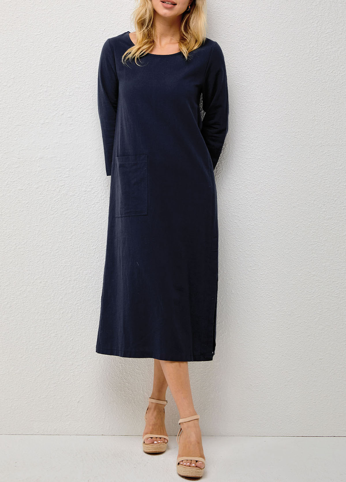 Navy dresses,Plain Color dresses,Solid Double Slit Pocket Round Neck Dress