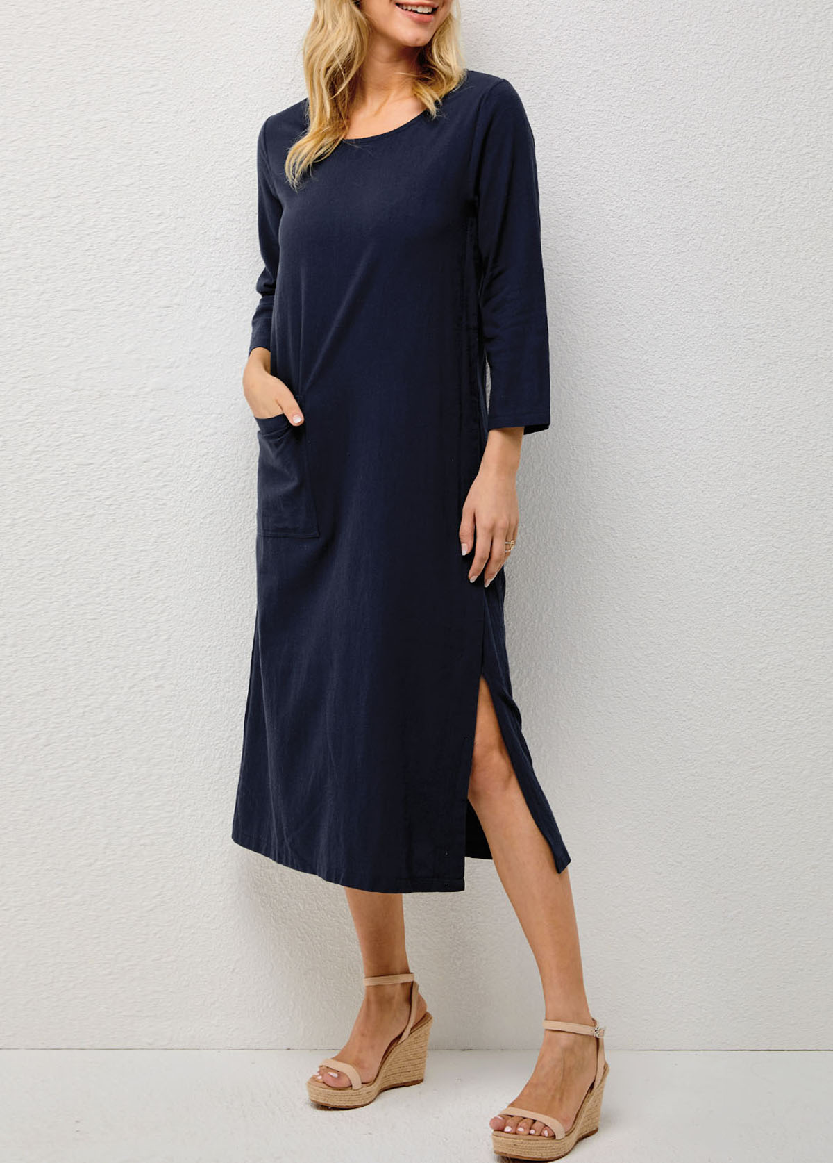 Navy dresses,Plain Color dresses,Solid Double Slit Pocket Round Neck Dress