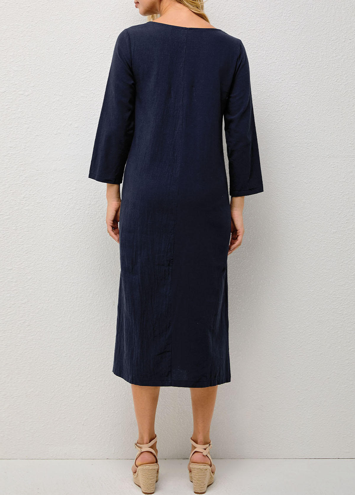 Navy dresses,Plain Color dresses,Solid Double Slit Pocket Round Neck Dress