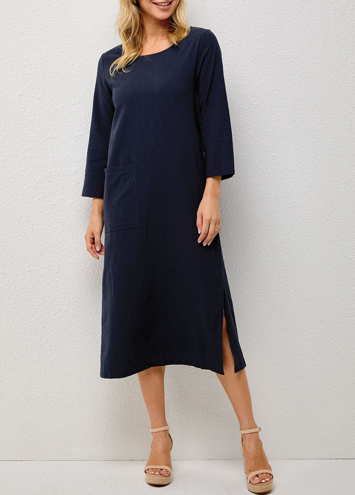 Navy dresses,Plain Color dresses,Solid Double Slit Pocket Round Neck Dress