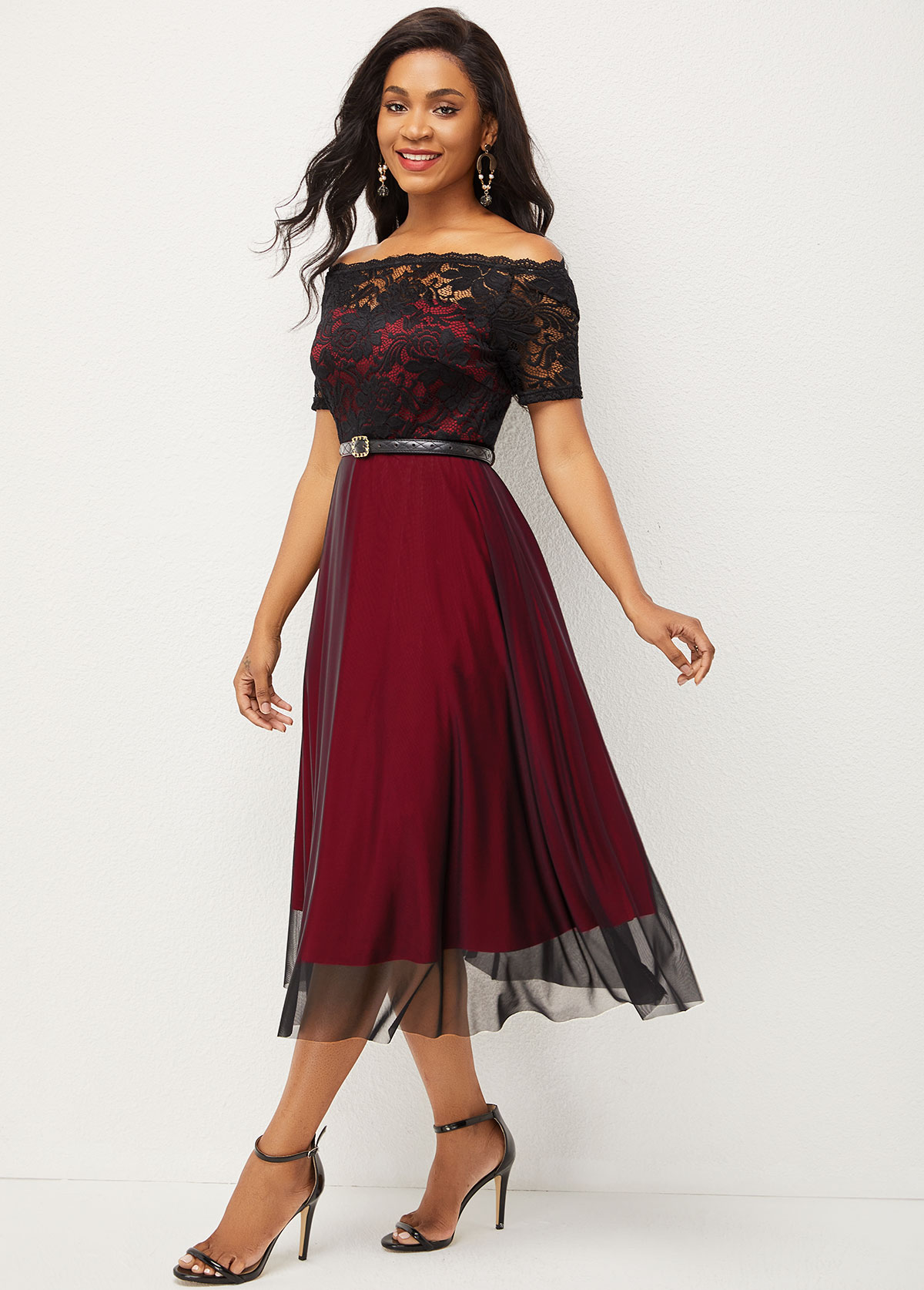 Wine Red dresses,Contrast Color dresses,ROTITA Lace Patchwork Short Sleeve Off Shoulder Dress