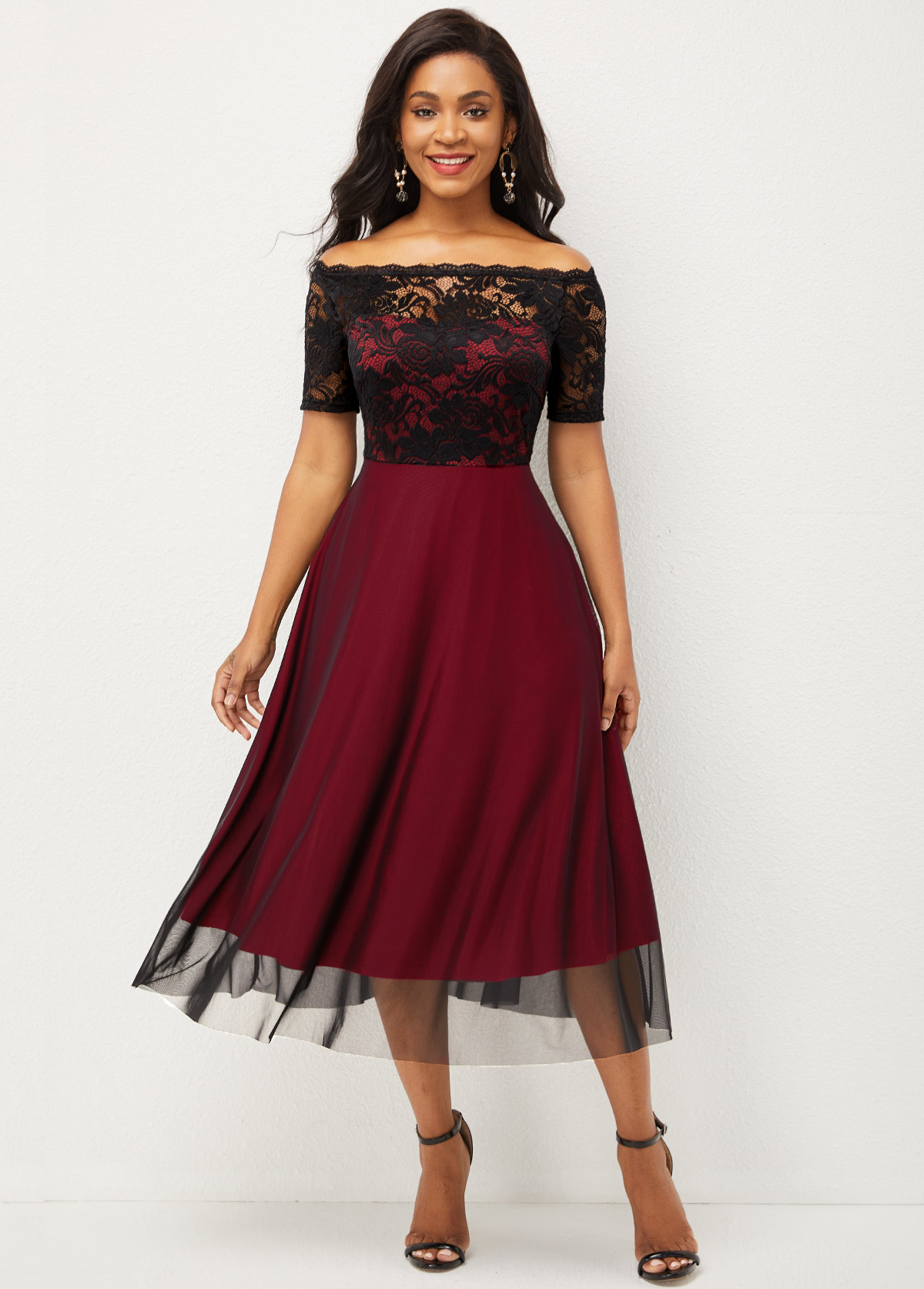 Wine Red dresses,Contrast Color dresses,ROTITA Lace Patchwork Short Sleeve Off Shoulder Dress