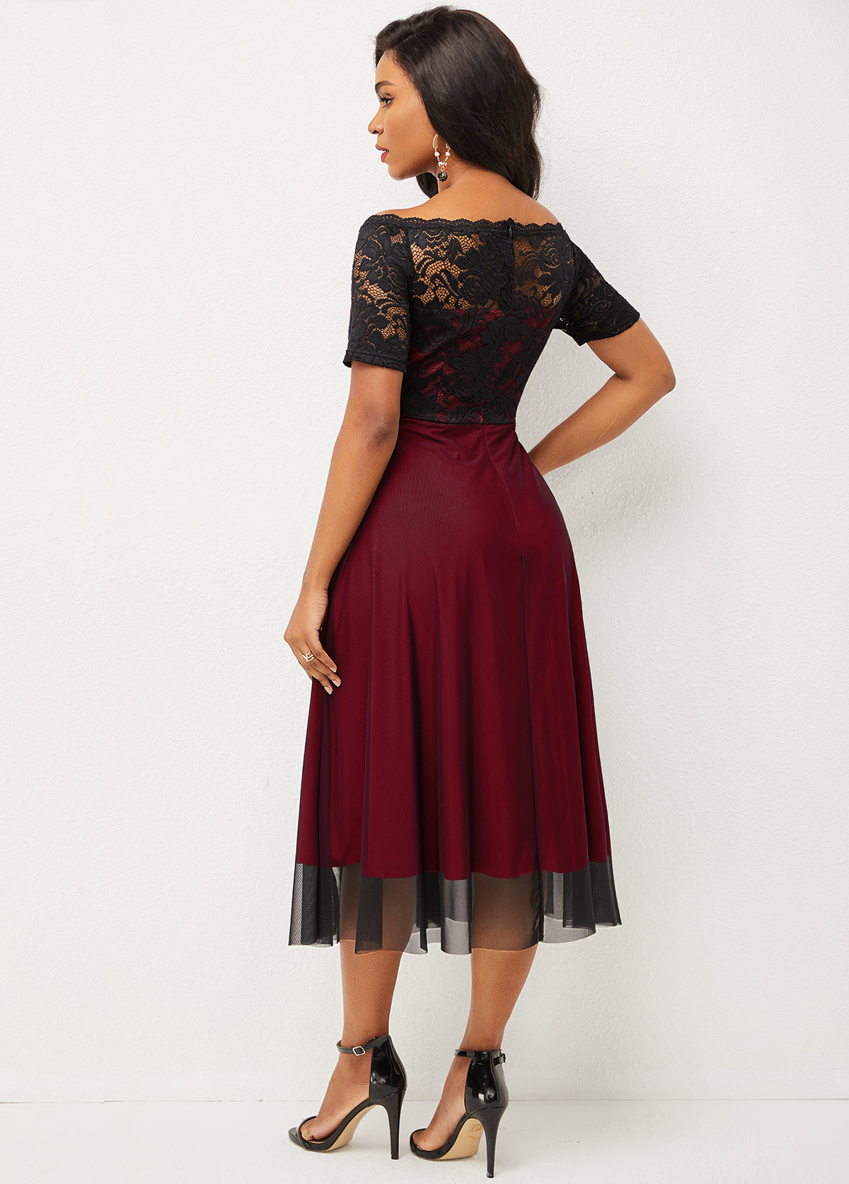 Wine Red dresses,Contrast Color dresses,ROTITA Lace Patchwork Short Sleeve Off Shoulder Dress